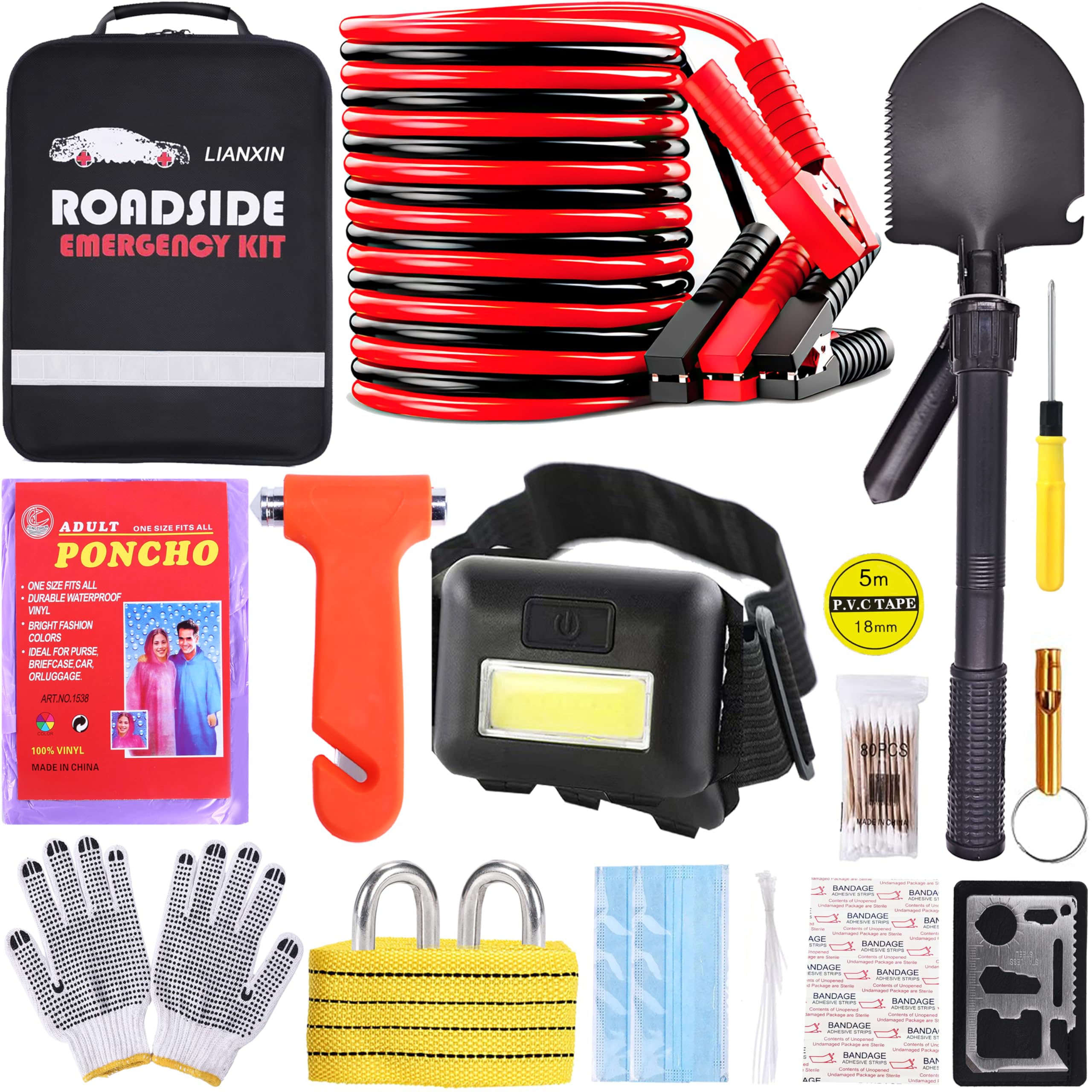 Emergency Car Kit - Premium Roadside Assistance Kit For Cars With Jumper Cables, Headlamp, Folding Shovel & Tow Strap All-In-One