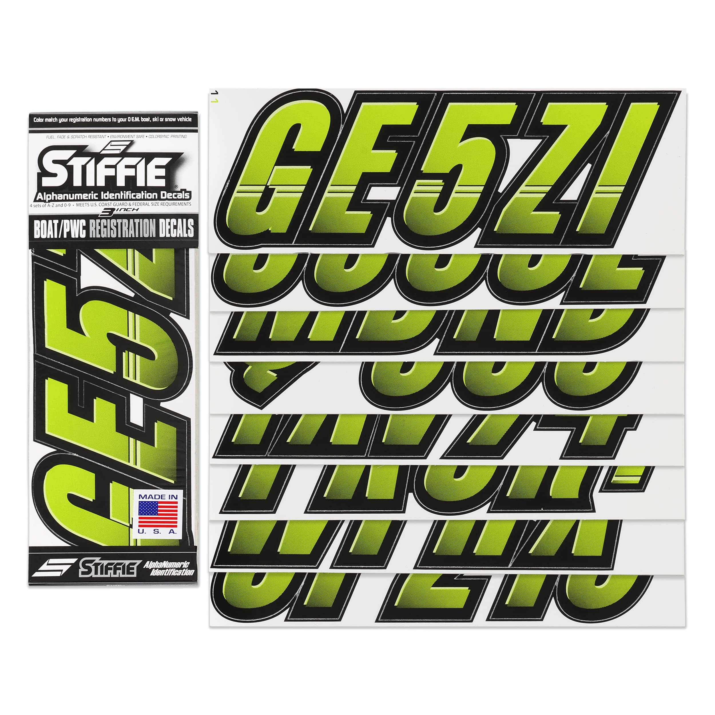 Stiffie Techtron Atomic Green/Black 3 '' Boat & Pwc Registration Decals  Numbers Letters Stickers