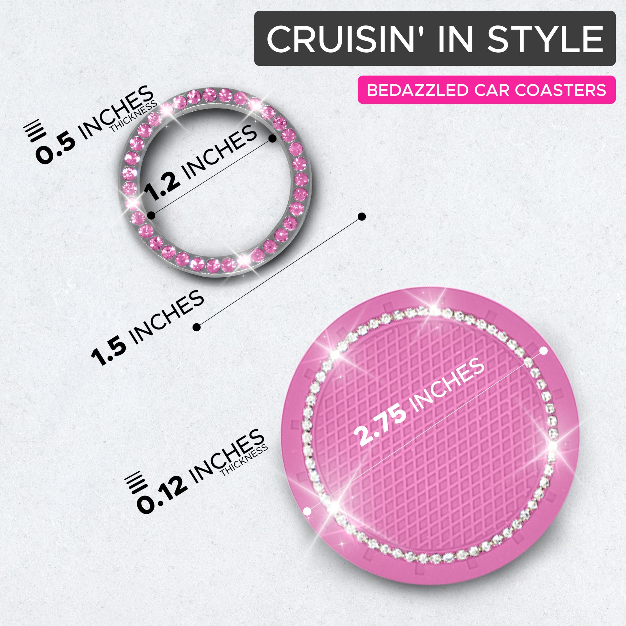 EcoNour Car Cup Coasters (2 Pack) with Pink Push Start Button Bling Ring (1 Pack) | Pink Car Interior Accessories for Women | Cl