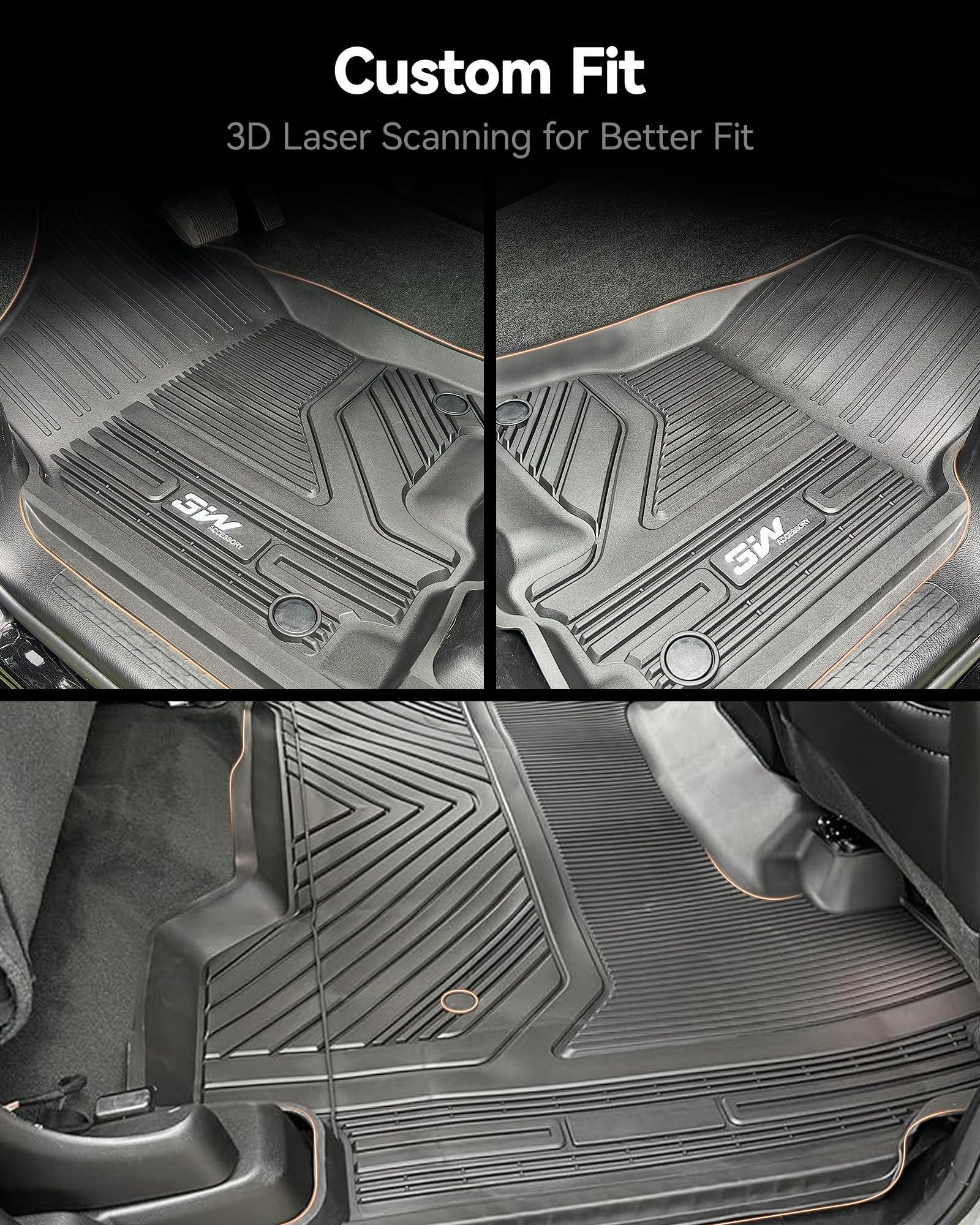 3W Floor Mats Fit For 2019-2024 Dodge Ram 1500 Crew Cab New Body (Not Classic Models) Without Storage, Tpe All Weather Custom Fi