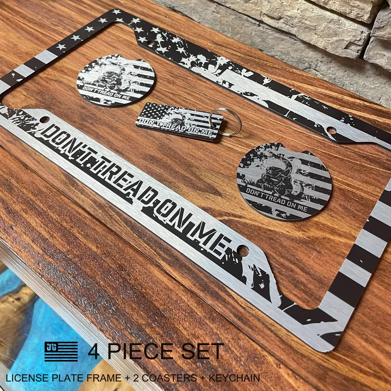 JASS GRAPHIX Don't Tread On Me License Plate Frame Set - Brushed 12"x6" Patriotic Car Accessories - Gadsden Flag Design