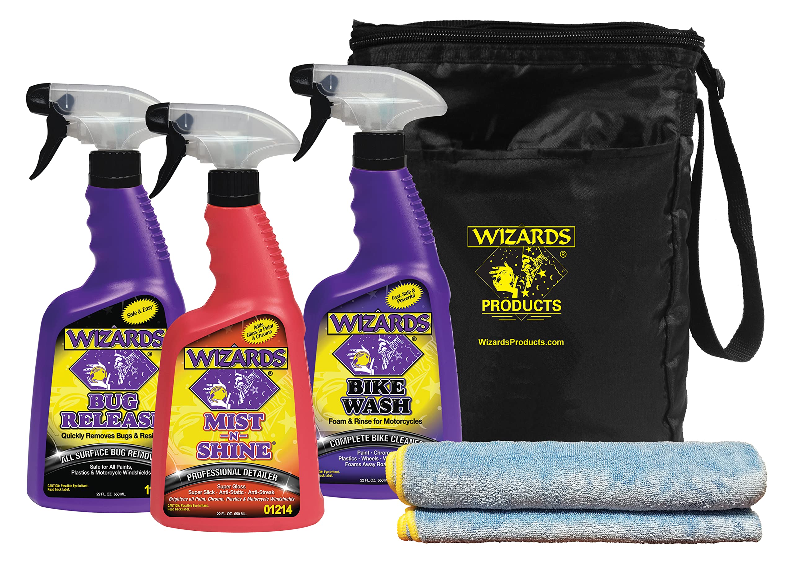 Wizards Motorcycle Cleaning Kit - Bike Wash Foam And Rinse, Quick Detailer Spray, And Bug Remover With Fiber Cloth And Detailing