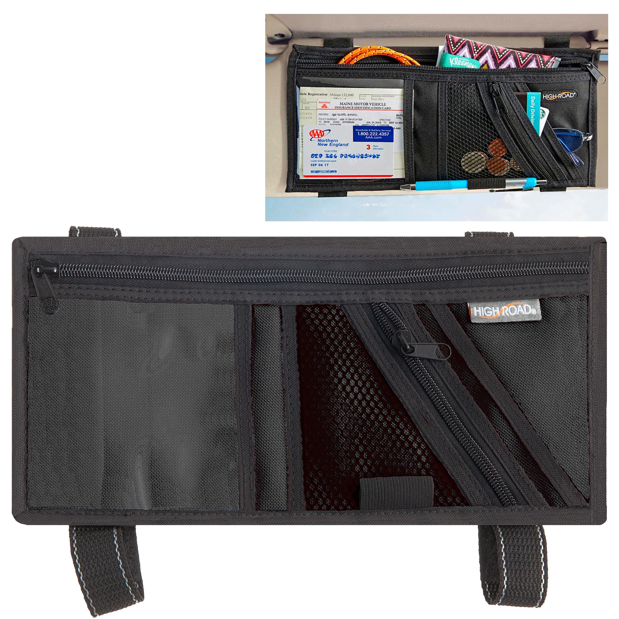 High Road Car Visor Organizer with Secure Zip Pockets, Sunglasses Holder and Clear Registration and Insurance Pocket  Heavy Dut