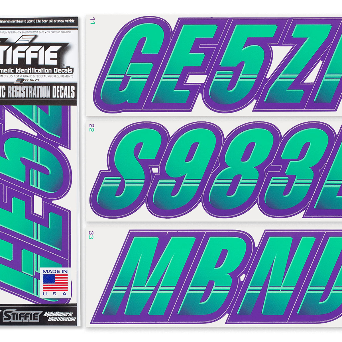 Stiffie Techtron Seafoam Green/Purple 3 '' Boat & Pwc Registration Decals Number WBCARB00DP5JEL8