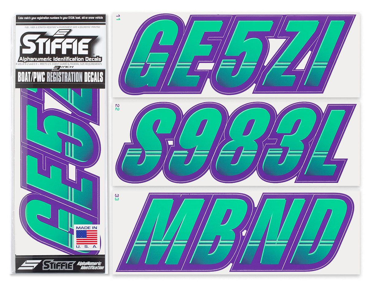 Stiffie Techtron Seafoam Green/Purple 3 '' Boat & Pwc Registration Decals  Numbers Letters Stickers