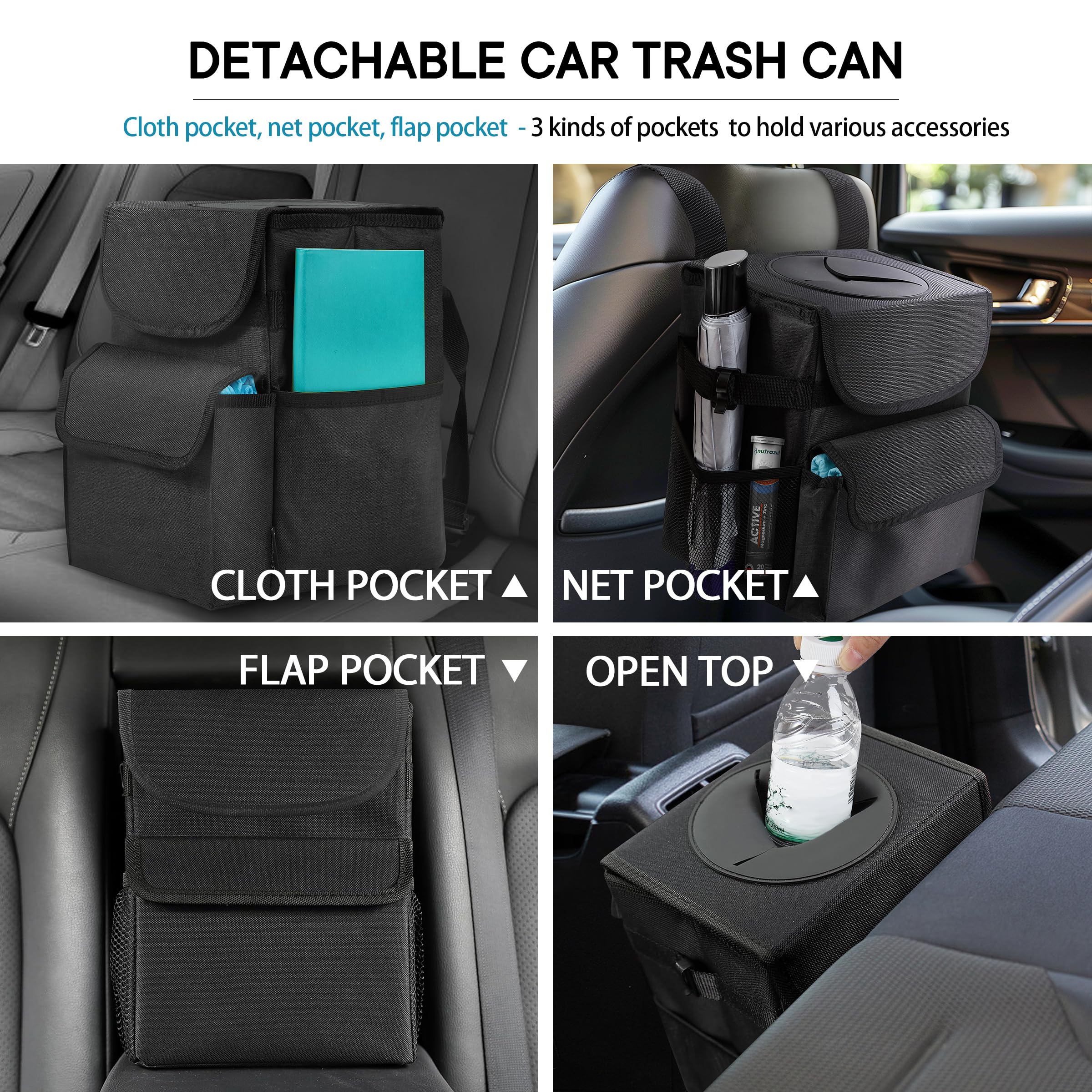 time2go Car Trash Can with Lid and Storage Pockets - 100% Leak-Proof Car Organizer, Waterproof Car Trash bin, Garbage Can