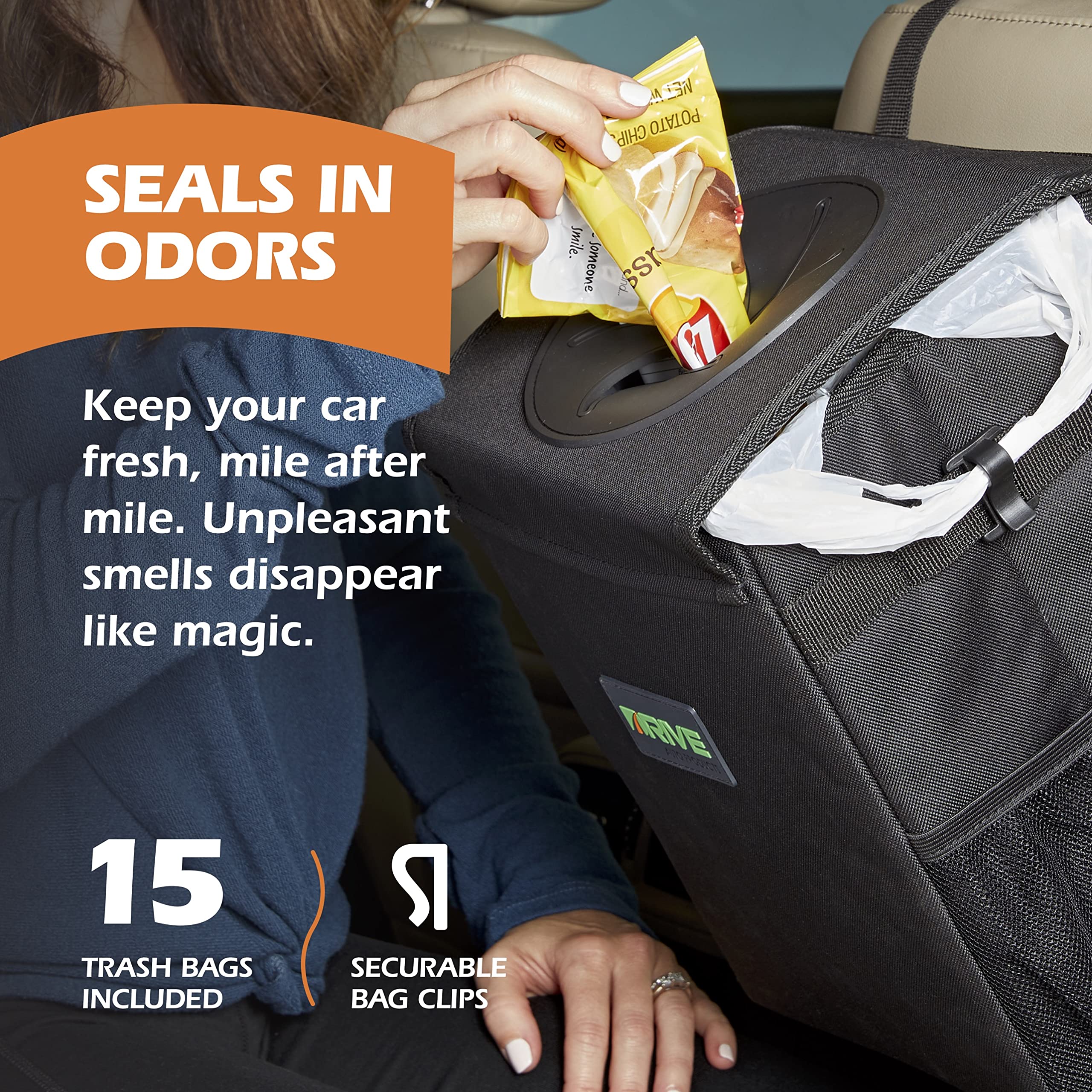 Drive - Collapsible Car Trash Can With 20 Bags - Leakproof, Black, Medium