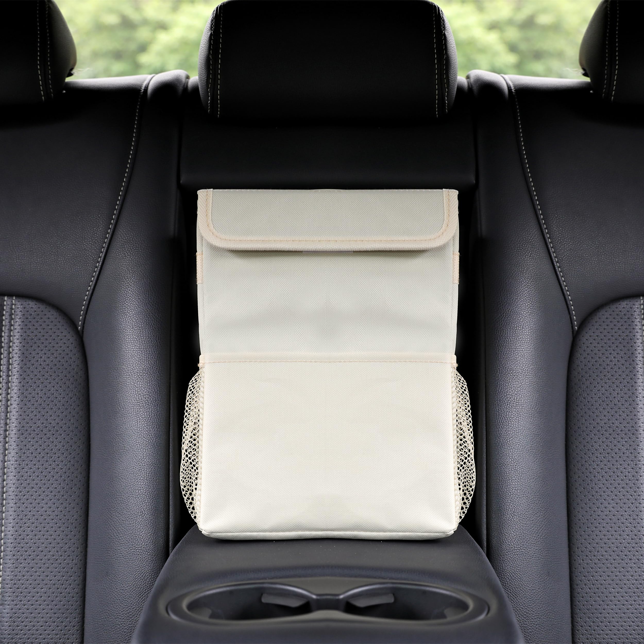 AOKJOY Car garbage can with lid Leak Proof Vehicle Trash Can 3 Storage Pockets Hanging Waterproof car trash bag for suv beige