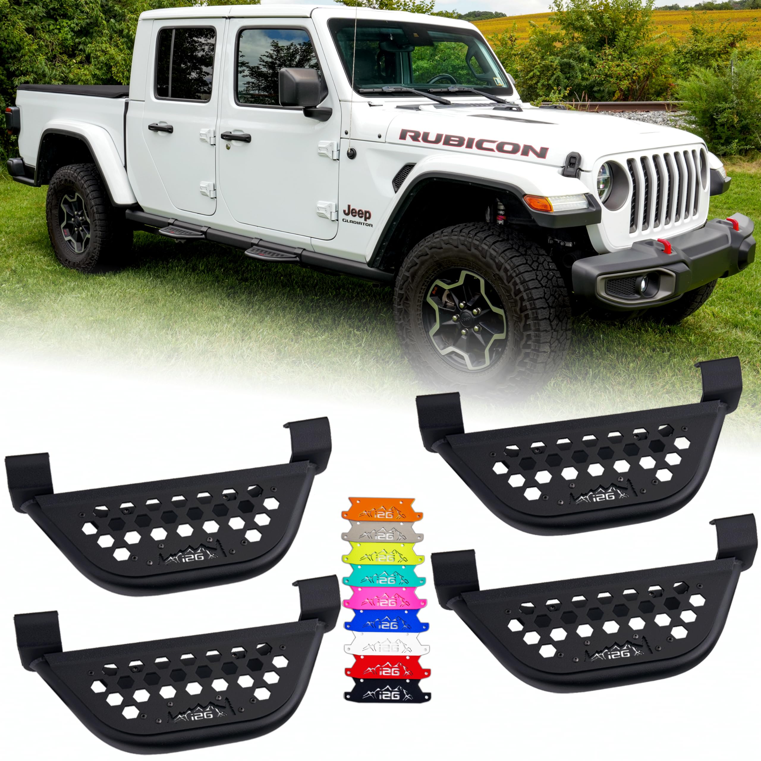 IAG EZ-Step for Jeep Wrangler 2018+ 4 Door & Gladiator 2020+ w/OEM rockrails (Black Logo Plate, 2 Pair)
