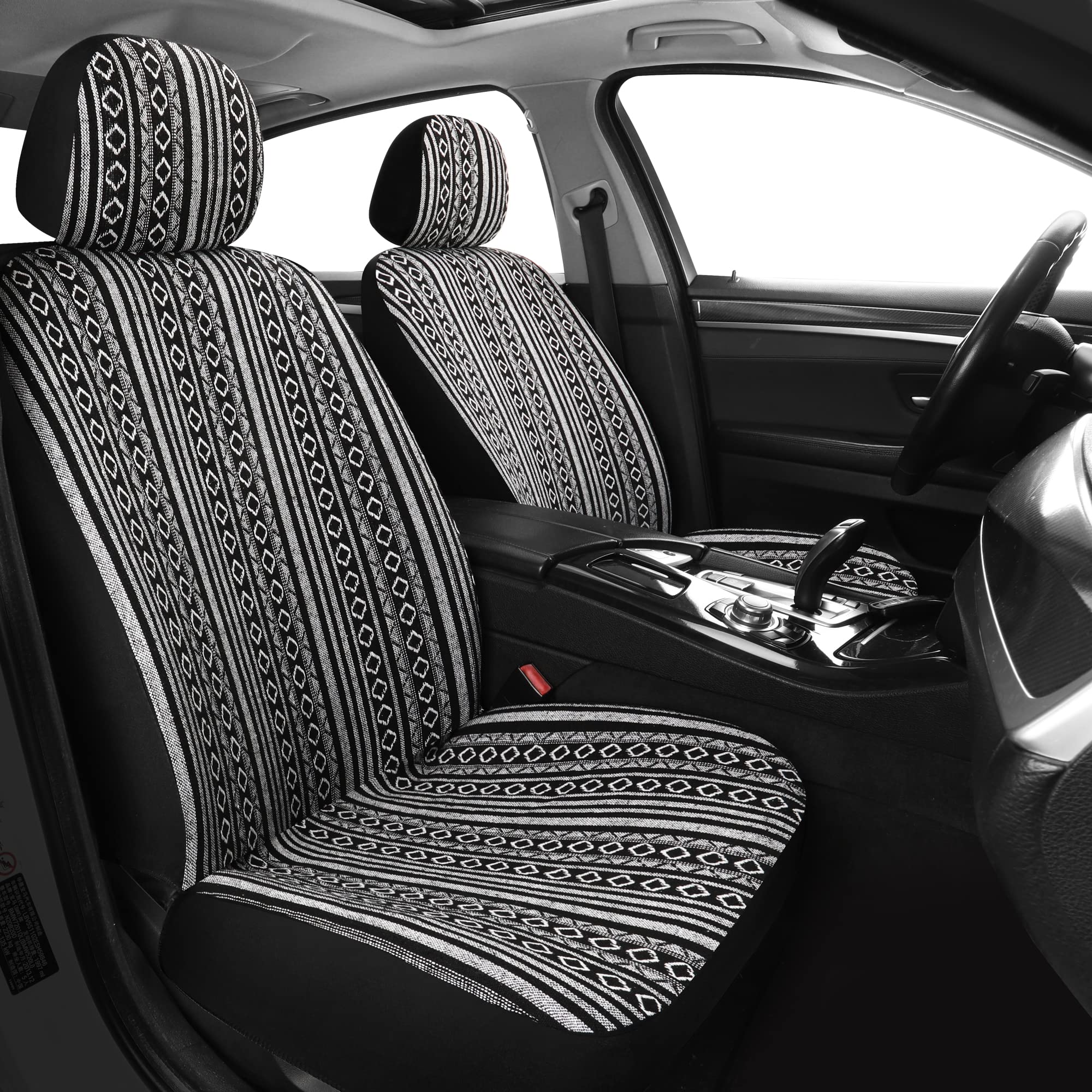 Haiyaotimes Baja Saddle Blanket Car Seat Covers Front Set With Seat Belt Pads, Washable Breathable Seat Covers For Cars, Universal Fit Interior Covers For Most Cars, Airbag Compatible, Black/White