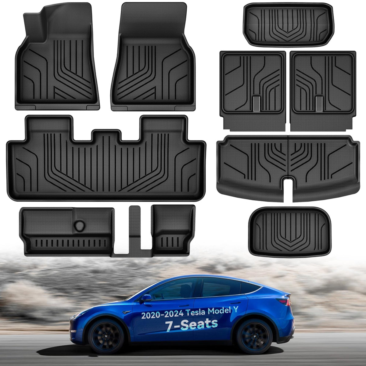 Yitamotor 9Pcs Tesla Model Y Floor Mats 7 Seater 2024 2023-2021 Cargo Mats Full Sets All-Weather Floor Mats For Model Y 2024 Acc