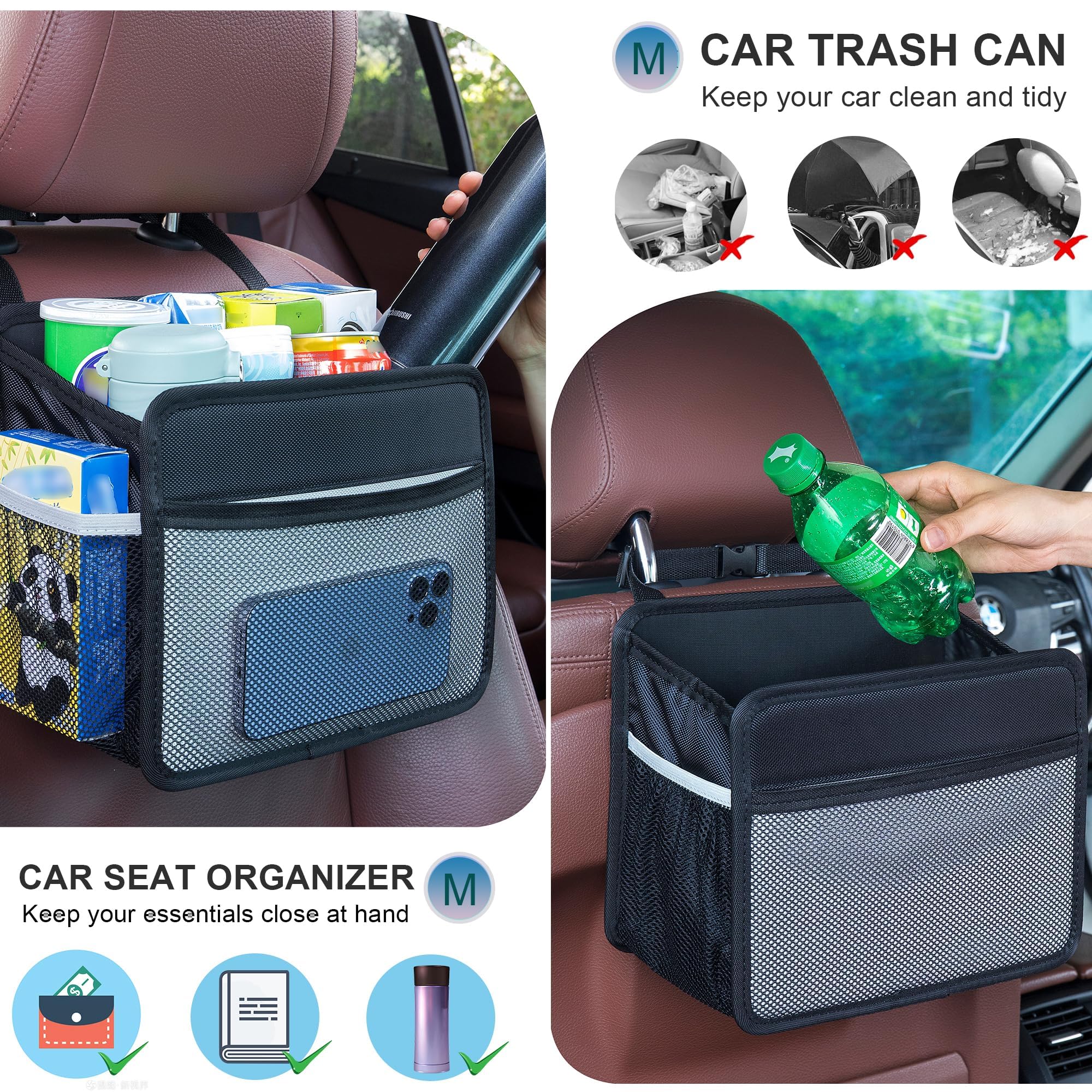 Uplien Car Back Seat Organizer And Storage Bag, Premium 1680D Oxford Cloth Collapsible Universal Hanging Car Seat Back Organizer