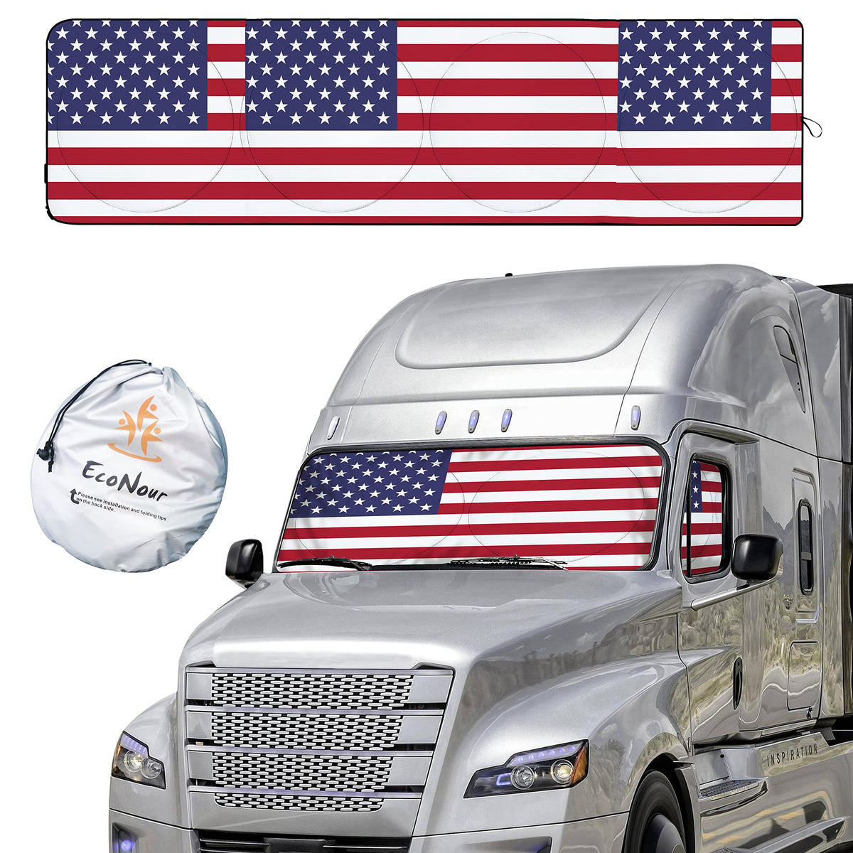 Econour Semi Truck Patriotic Flag Printed Sun Shade For Windshield And Side Windows | 240T Windshield Sunshade To Block Uv/Sun H