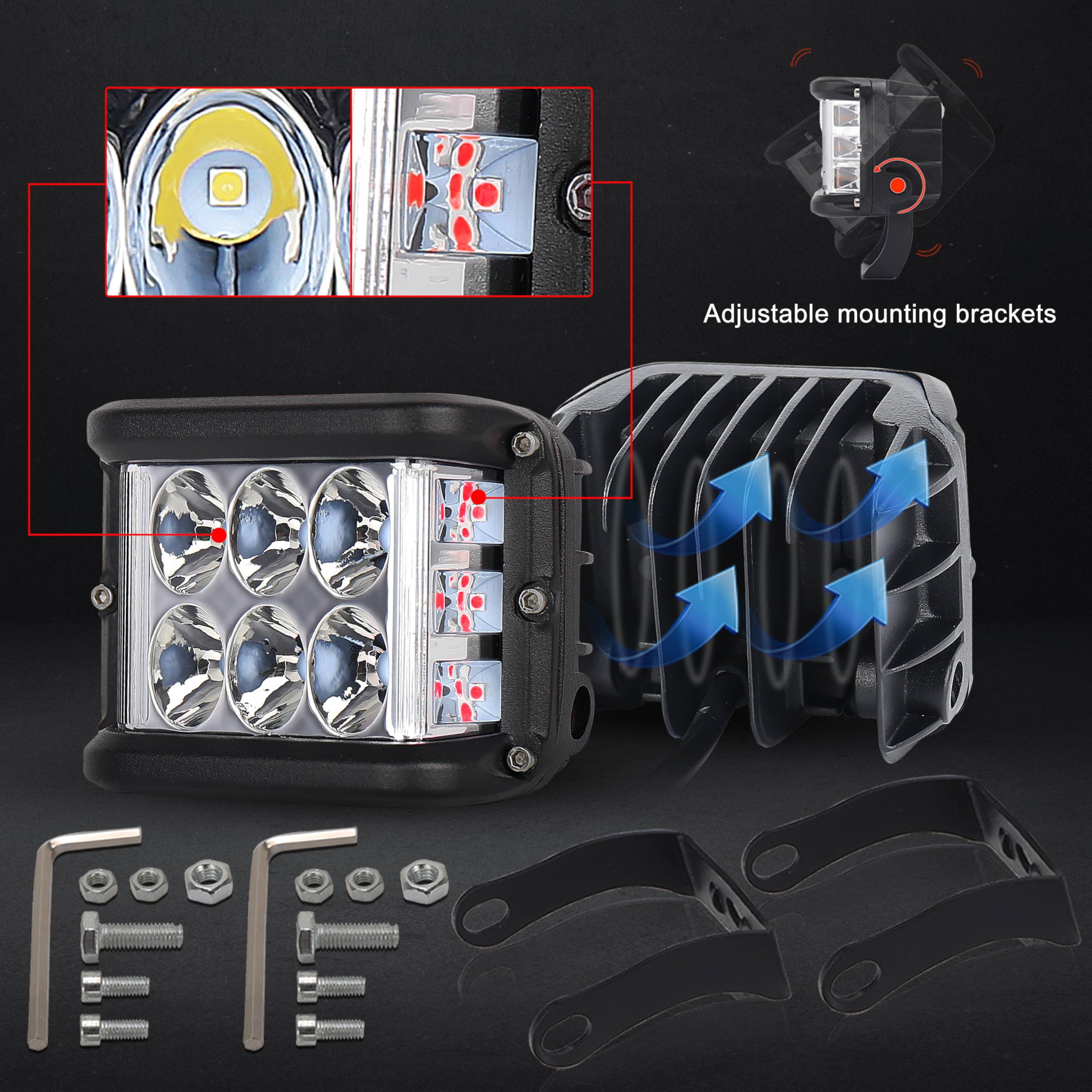 Hoyuza Side Shooter Pod Lights 4 Inch Dual Side Red Strobe Led Cube Lights For Farm Tractor Plow Truck Boat Atv Utv Suv Off-Road