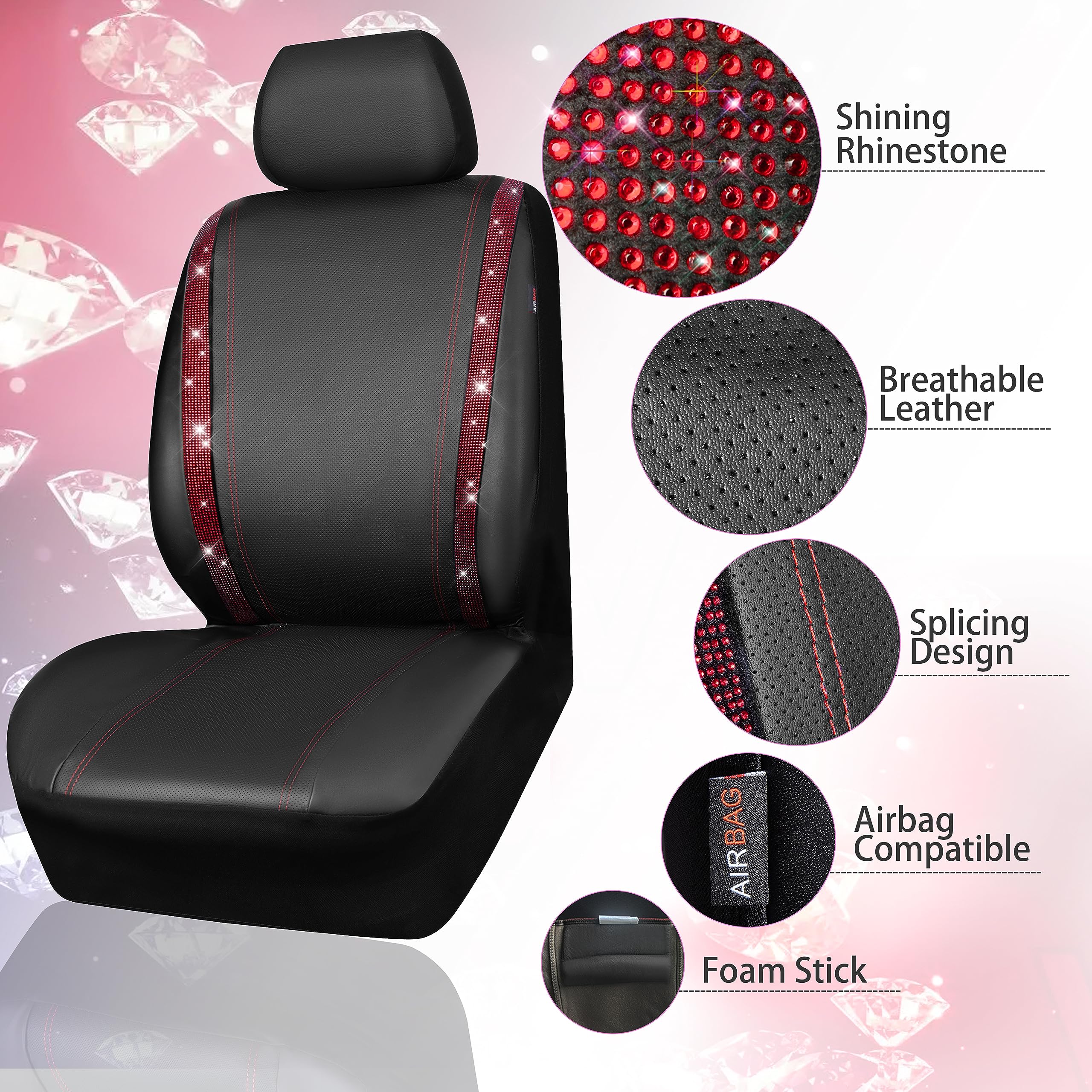 Car Pass Leather Red Diamond Seat Cover Set, 11Pcs Including Steering Wheel & Gear Cover, For Women, Universal Fit