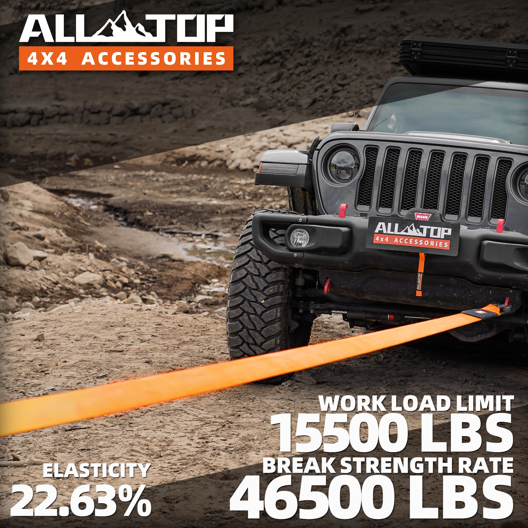 All-Top Recovery Snatch Strap, 4In X 20Ft - 46500Lbs, Extreme Duty 100% Nylon Kinetic Towing Recovery Strap With 22% Elongation