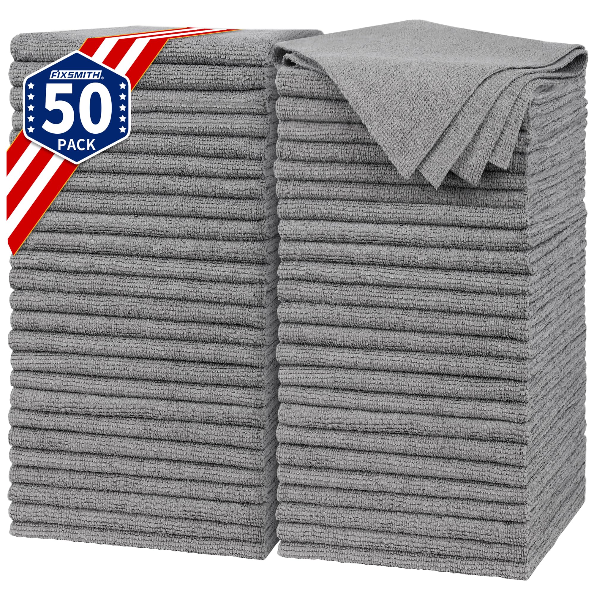 FIXSMITH Shop Towels, Pack of 50, Grey Microfiber Cleaning Cloth Bulk, Microfiber Towels for Cars, All-Purpose Absorbent Cleanin