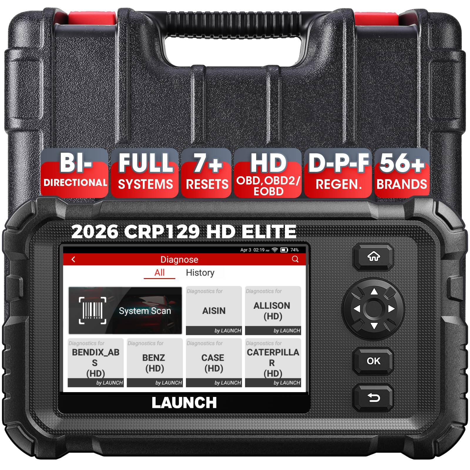 Launch CRP 129 HD Heavy Duty Truck Scanner, Full System Diesel Diagnostic Tool with Speed Limit Adjust, D.P.F Regen, 7+ Resets C