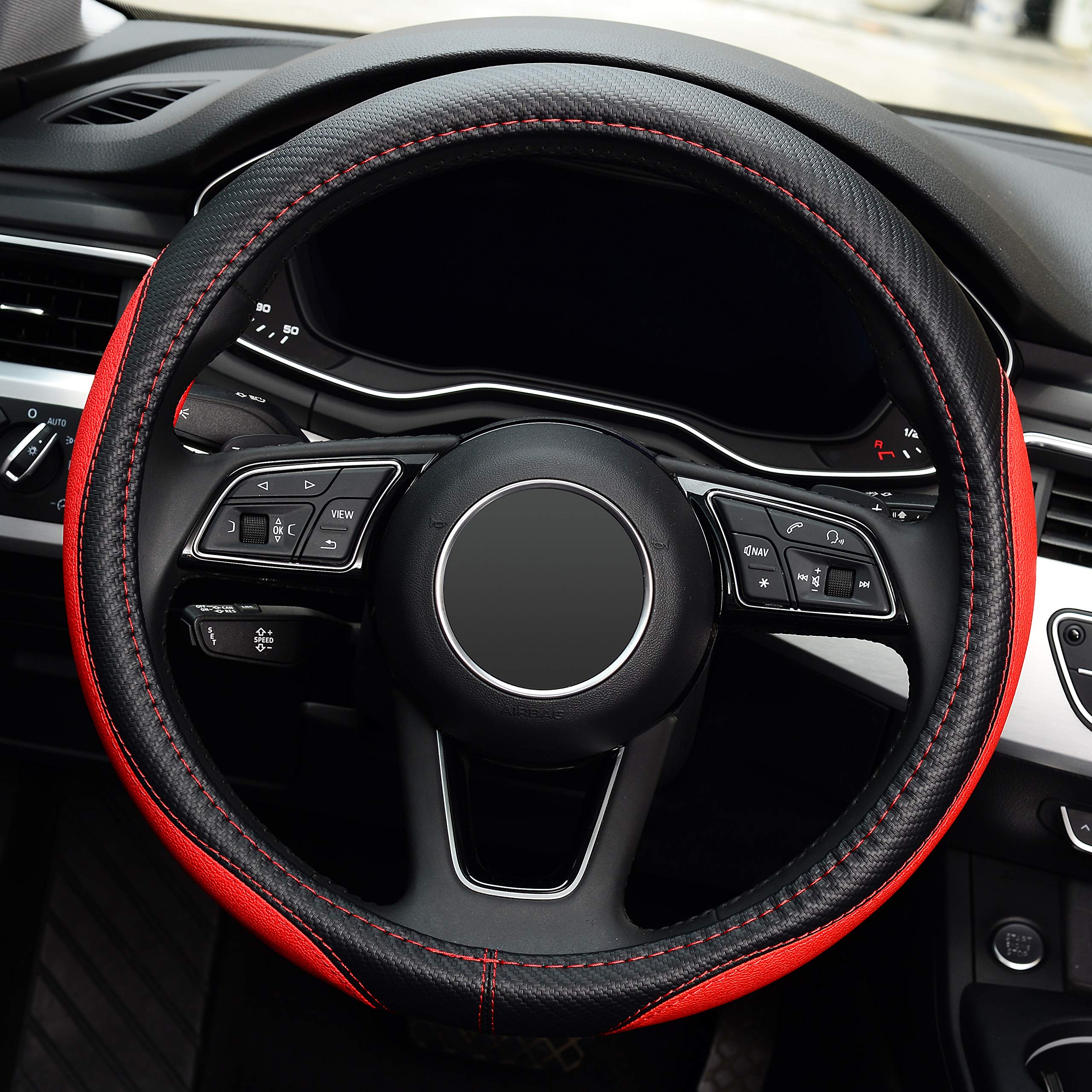 Labbyway Microfiber Leather Auto Car Steering Wheel Cover, Universal 15 Inch Anti-Slip Wheel Protector, Red