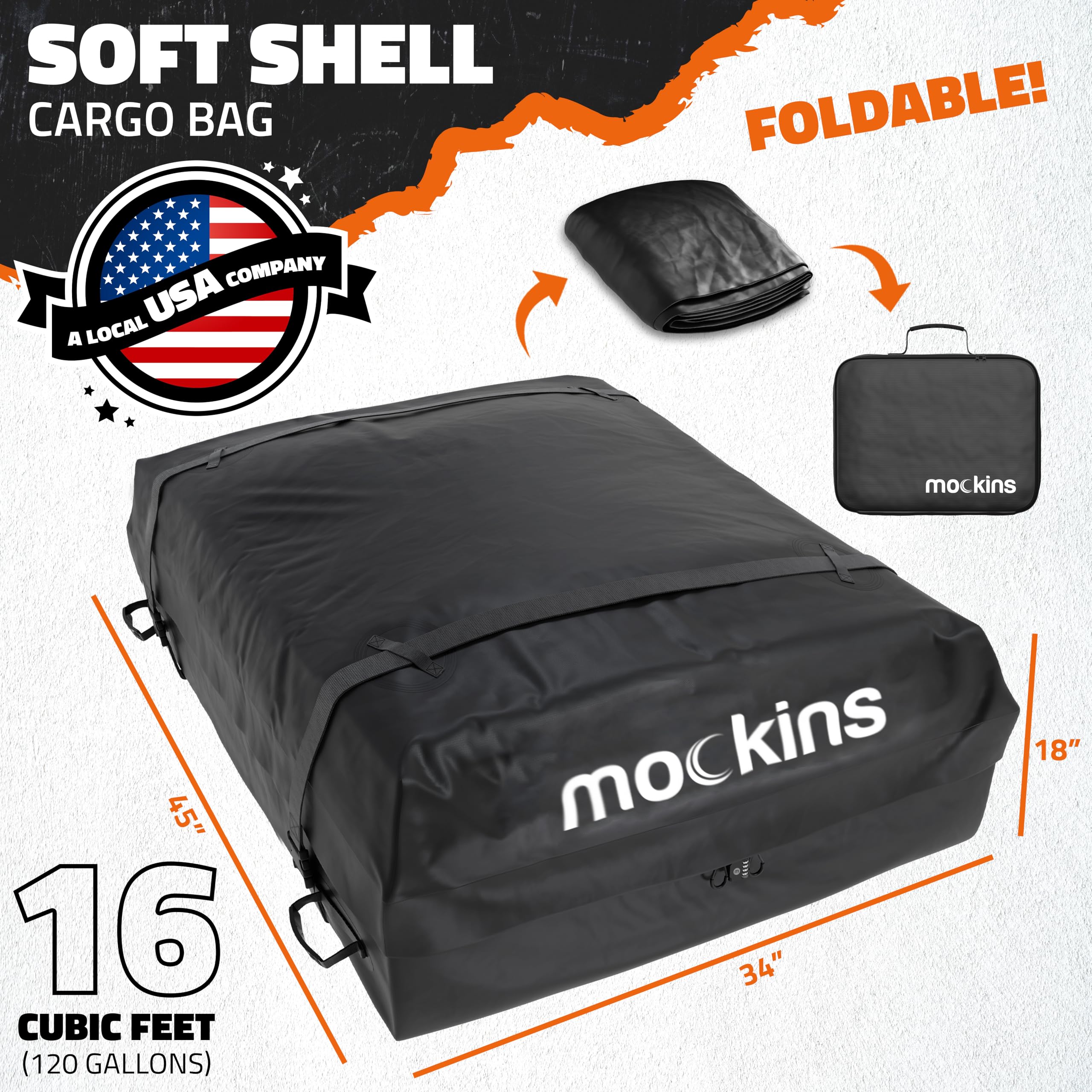 Mockins 16 Cu.Ft. Heavy Duty Car Roof Bag 45''X34''X18'' | Works With Or Without Roof Rack | Great For Road Trip Vacations, Camp