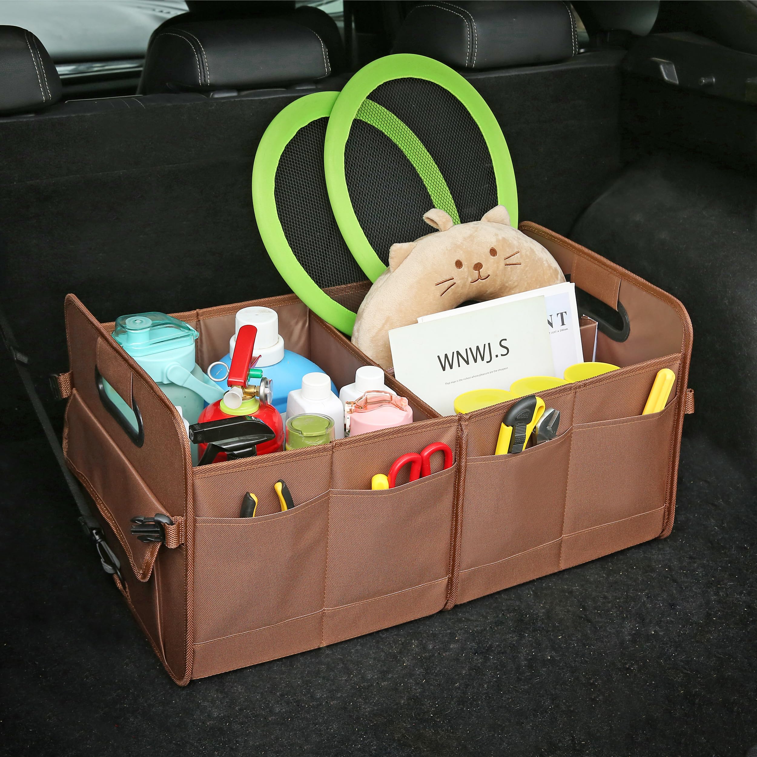 Aokjoy Car Trunk Organizer, Brown, Foldable, Non-Slip, Adjustable, Multiple Compartments, 600D Oxford Cloth Material