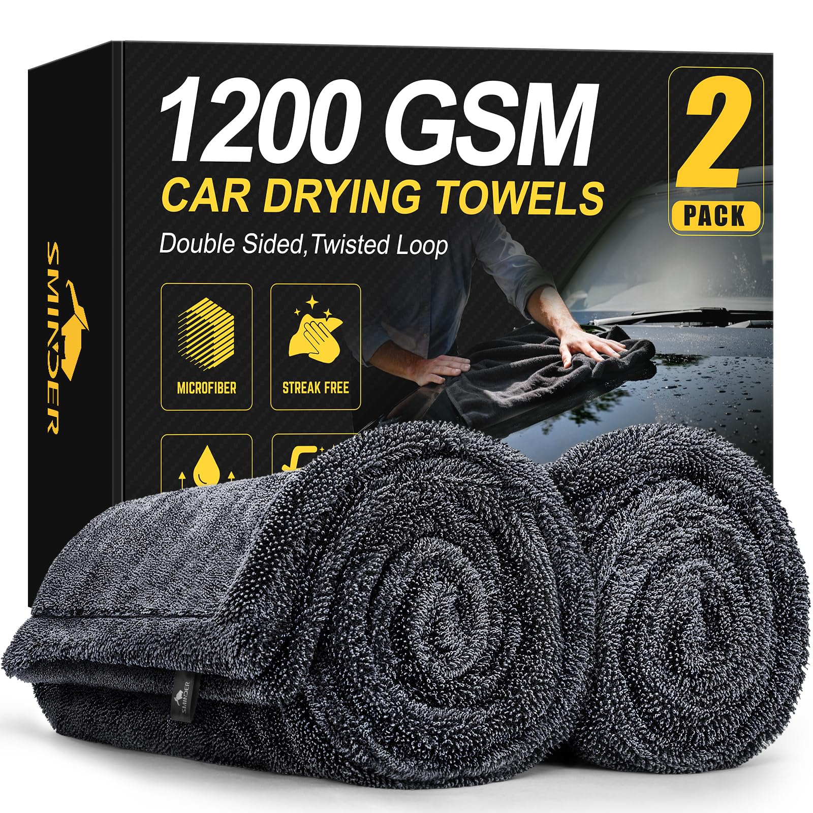 SMINDER 2-Pack 1200 GSM Car Drying Towels - Microfiber Towels for Cars (36 x 24), Ultra-Absorbent, Streak-Free, Scratch-Free, No