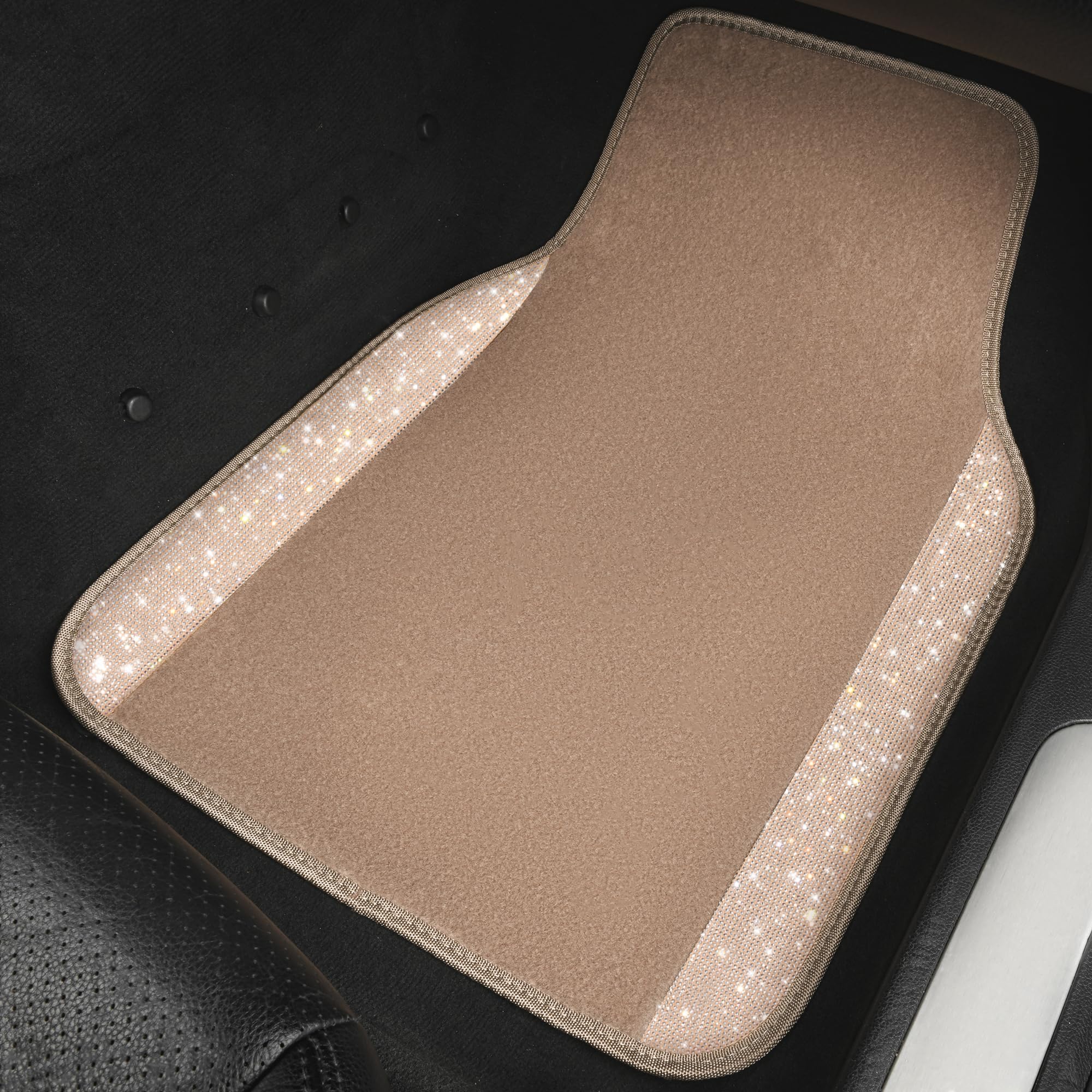 Car Pass Bling Car Mats Shining Diamond Carpet Crystal Rhinestones Sparkly Glitter Floor Mats With Anti-Slip Pvc Heel Pad Universal Fit For Automotive Suv, Sedan, Car, Van, 4Pcs For Girl Women, Beige