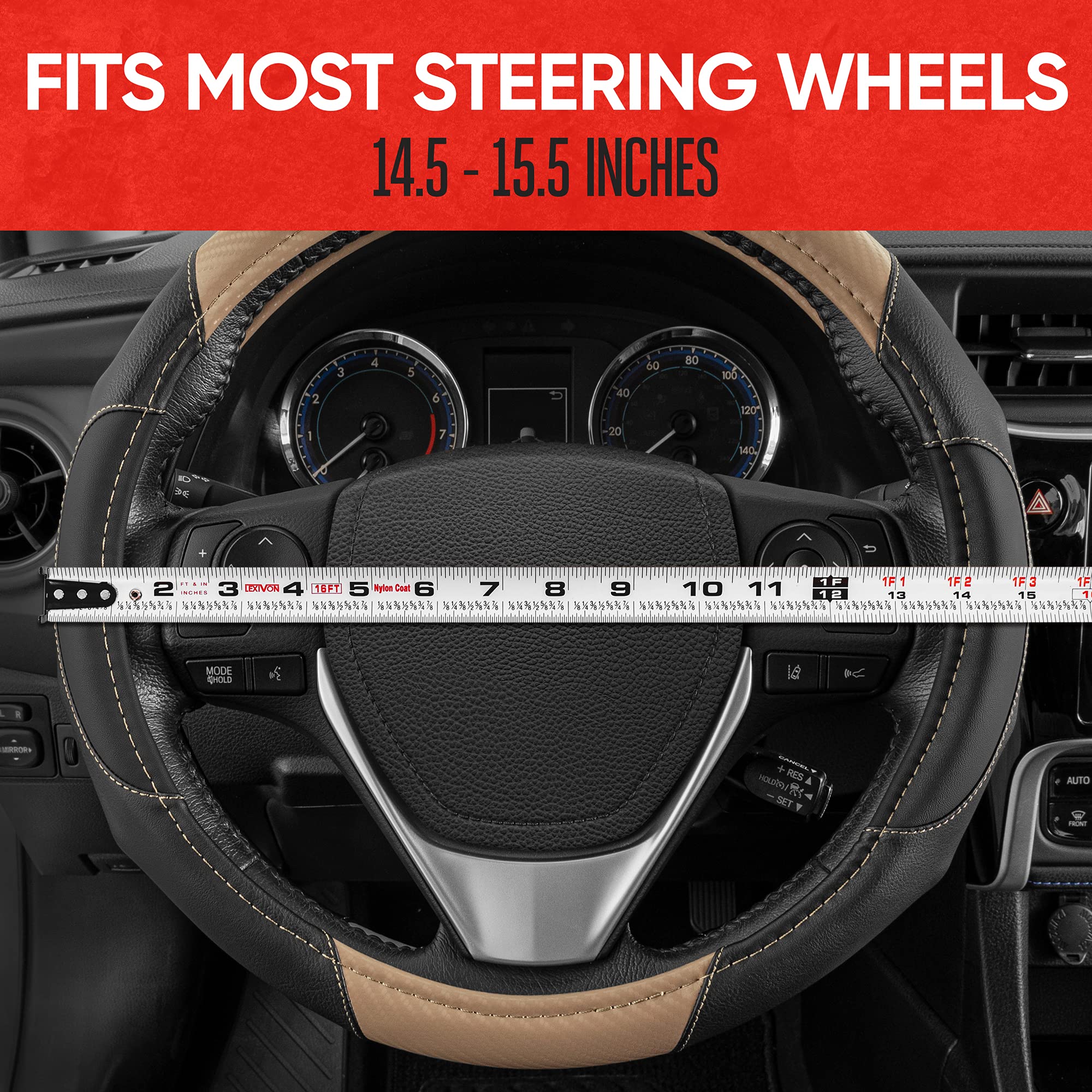 Motor Trend Gripdrive Carbon Fiber Steering Wheel Cover, Non-Slip Sporty Racing Faux Leather Ergonomic Comfortable Handle, Steer