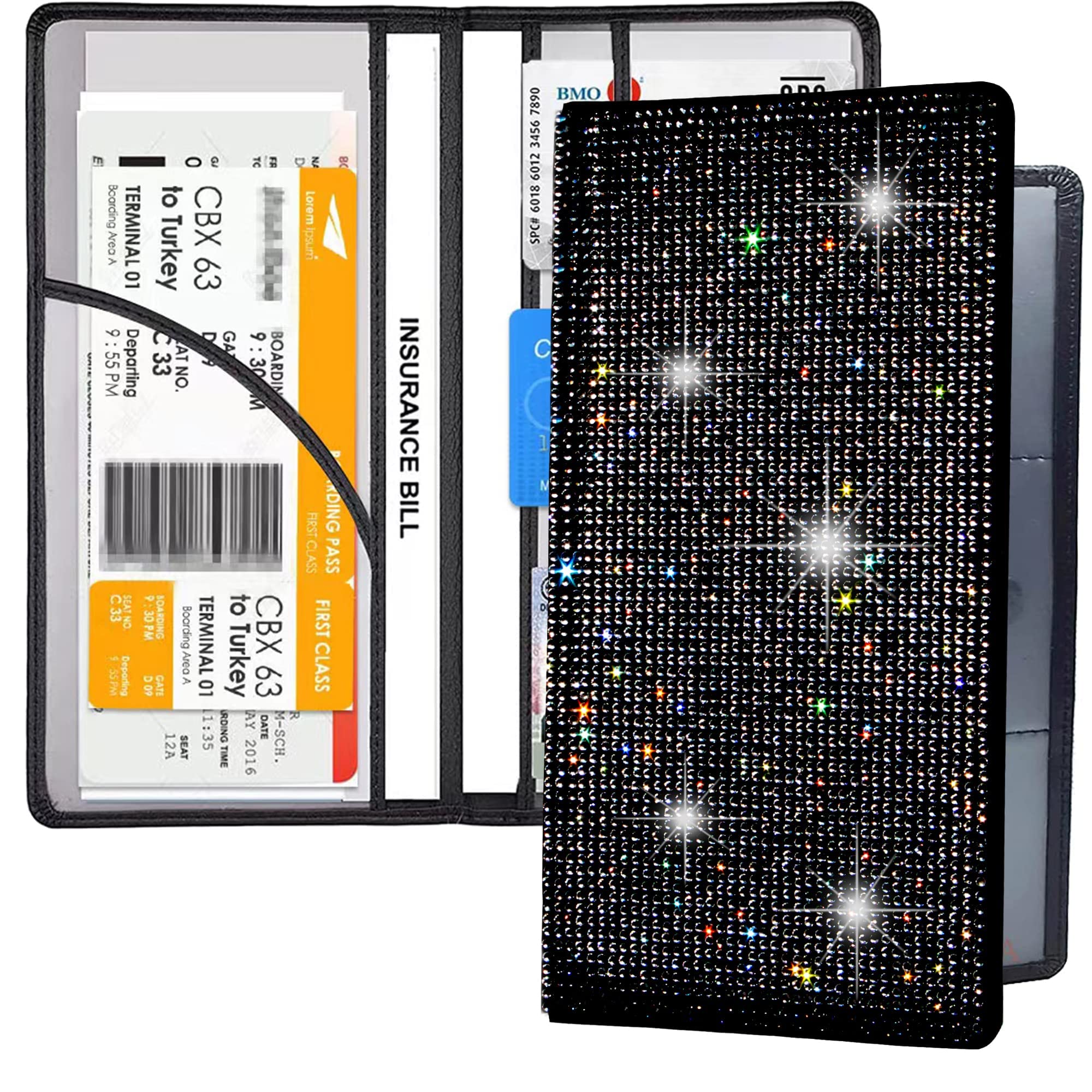 Lifutopia Bing Rhinestone Car Registration And Insurance Document Holder, Glitter Card Holder, Lether Vehicle Accessories Car Essentials Glove Box Organizer Wallet Case Black
