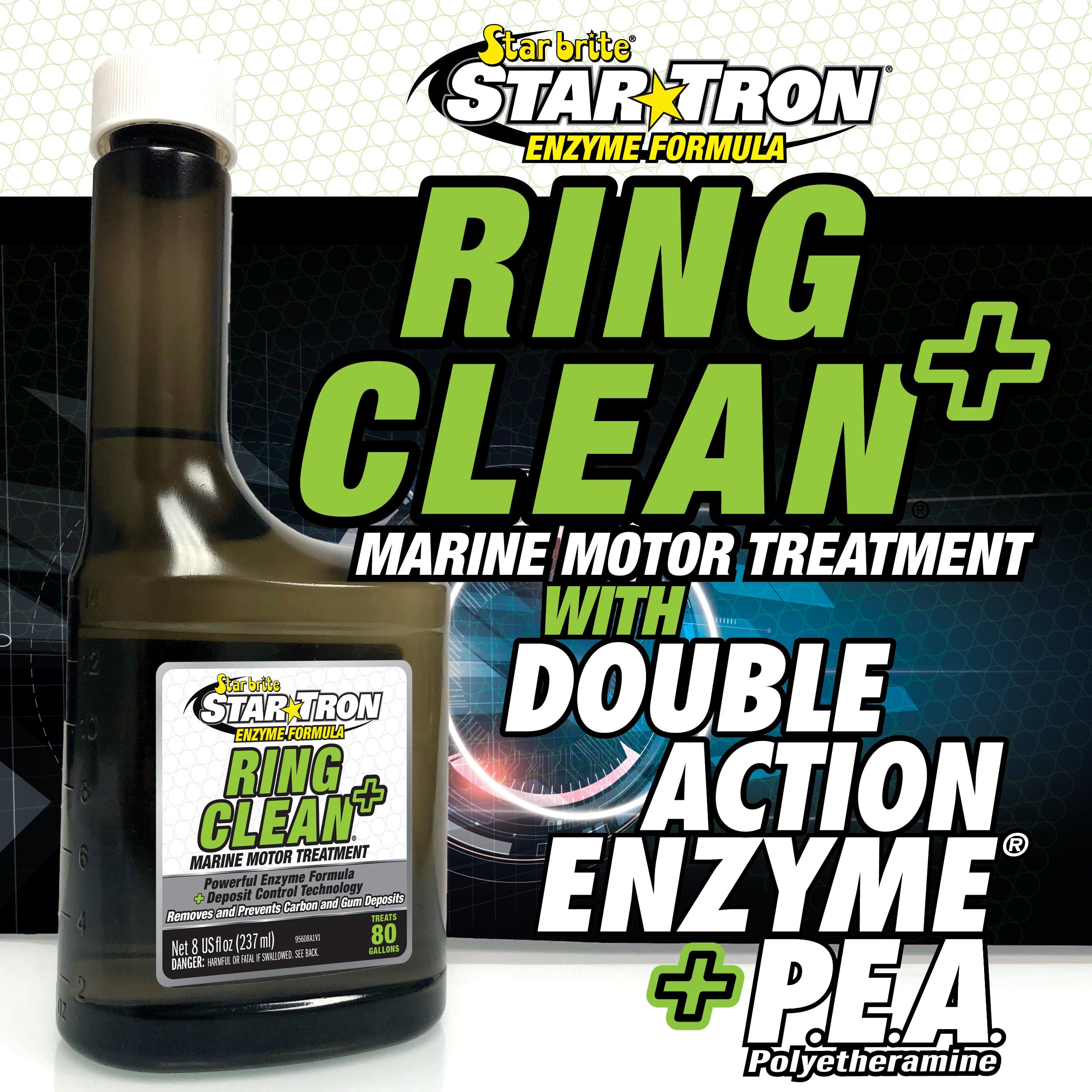 STAR BRITE Star Tron Ring Clean+ Marine Motor Treatment, Enzyme + P.E.A. Formula, Carbon Deposit Cleaner - 8 OZ (955608)
