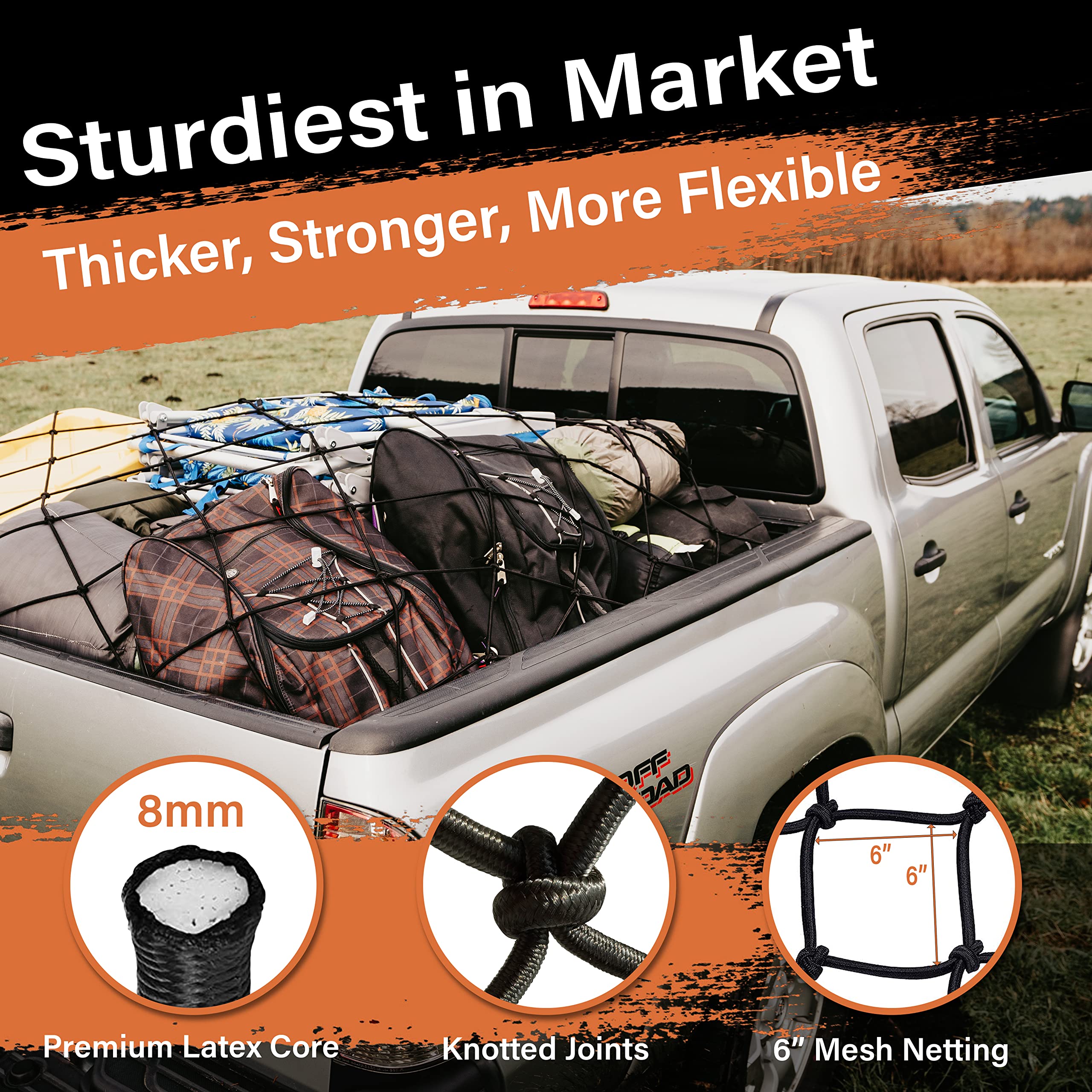 Taconets Toyota Tundra W/Oem Deck Rail System Cargo Net - Patent Pending Design - Fits 2007-2024 - Heavy Duty 8Mm Premium Bungee