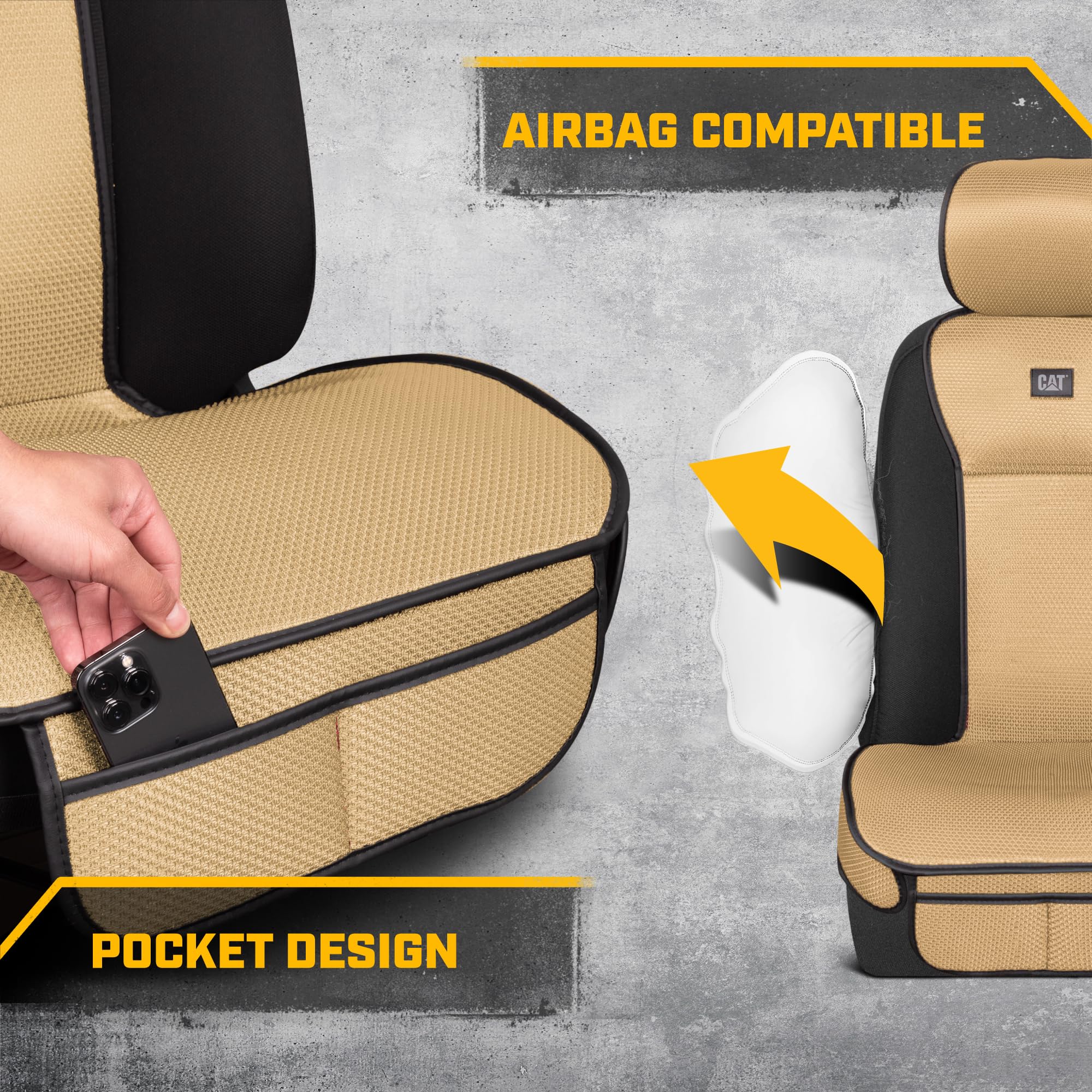 Caterpillar AeroMesh Beige Seat Covers for Trucks, Car, & SUV - (1) Front Truck Seat Cover Protector - Breathable Mesh Universal
