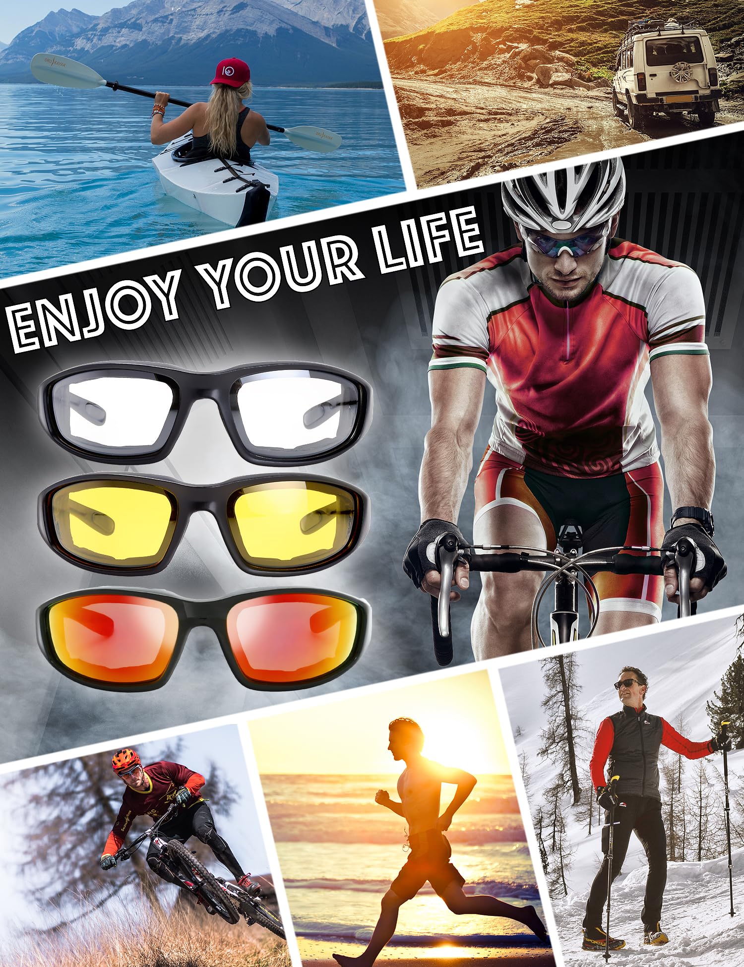 The Fresh Motorcycle Riding Glasses Padded Frame Lens Block 100% UVB for Outdoor Activity Sport (1407-Matte Black, Clear, Yellow