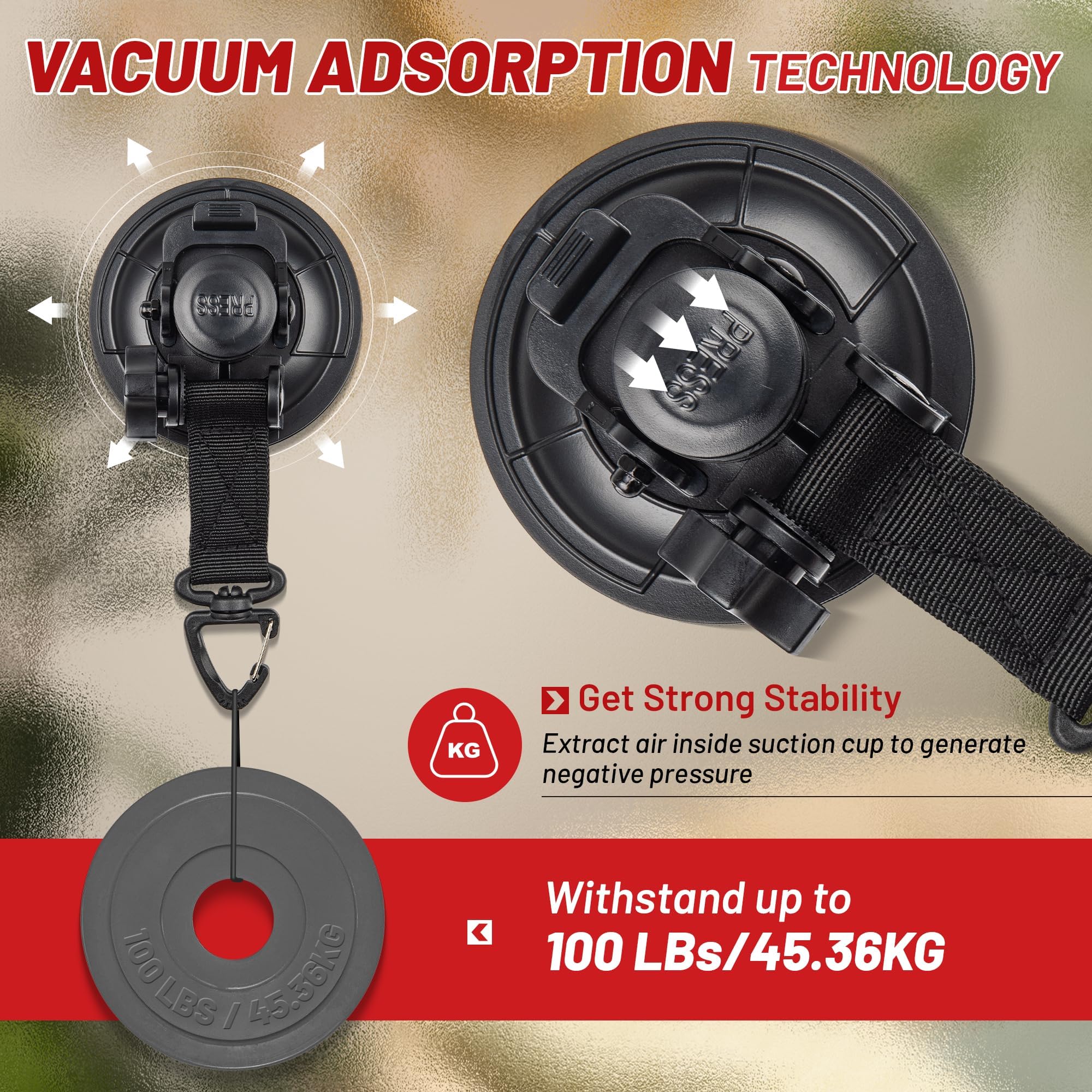 RED WOLF Heavy Duty 90MM Suction Cup Anchor Tie Down w/Rotatable Hanging Hook Hold up to 100 LBs/45.36KG for Outdoor Camping Tar