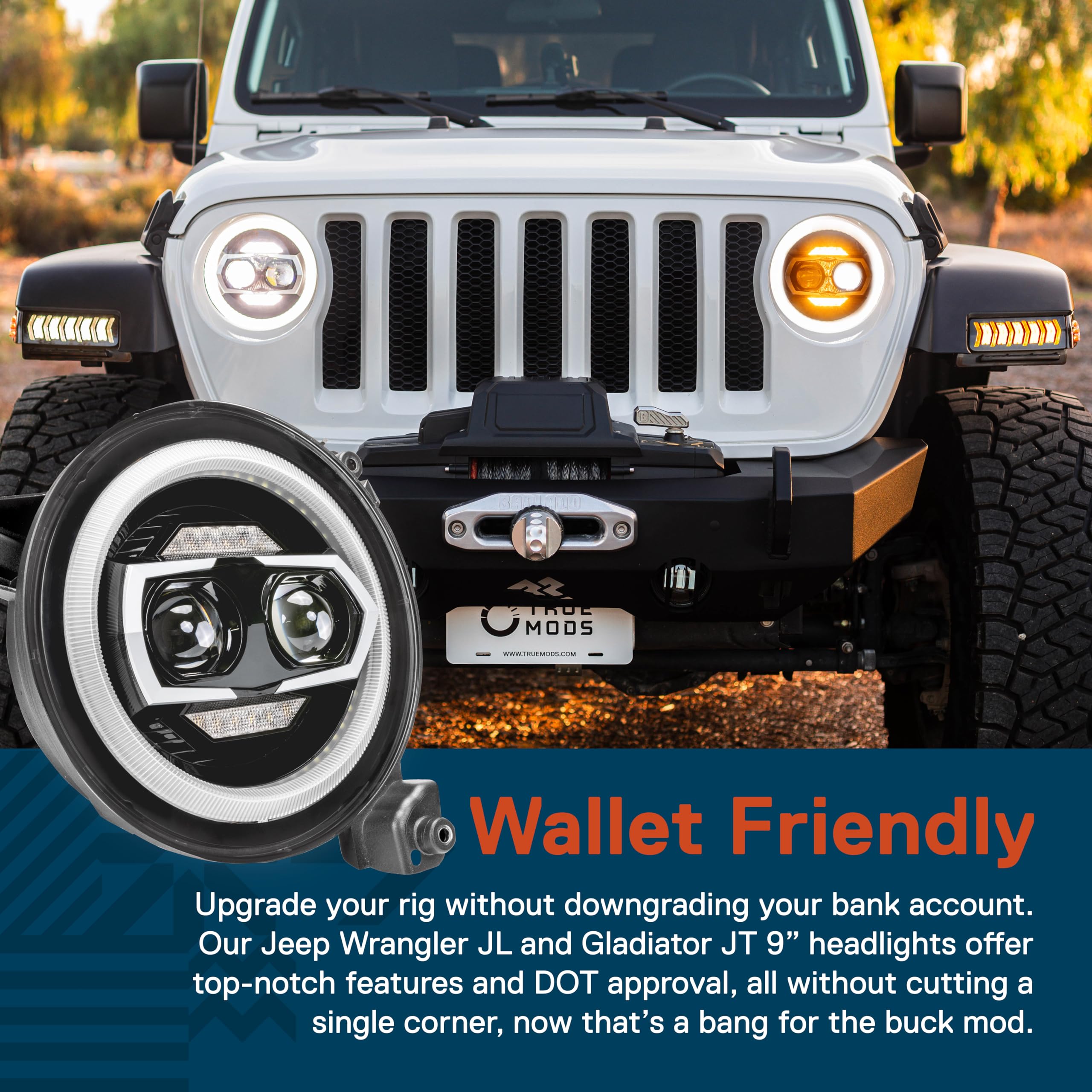 True Mods 9    Inch Round Led Headlights Replacement For Jeep Wrangler Jl Jlu Unlimited Gladiator Jt 2018-2024 Accessories [Dot