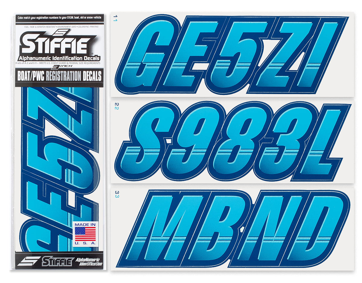 Stiffie Techtron Sky Blue/Navy 3 '' Boat & Pwc Registration Decals  Numbers Letters Stickers