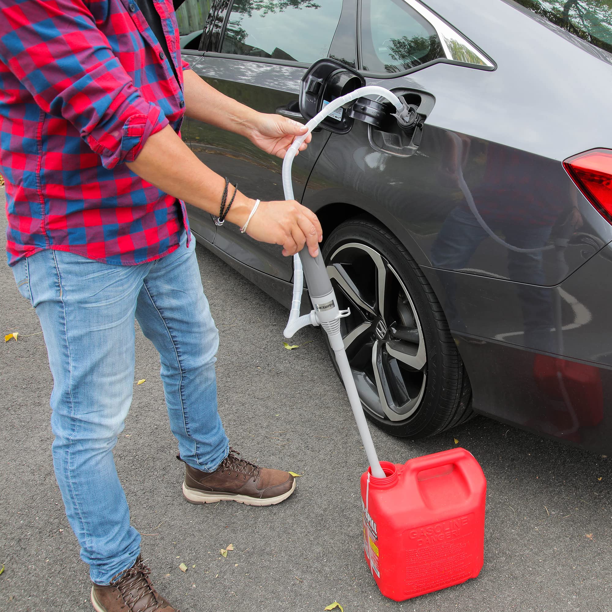 Deway Automatic Fuel Transfer Pump - 3X More Powerful D Battery Powered, Extra Long Hose Fits All Size Cans, Portable Liquid Pum