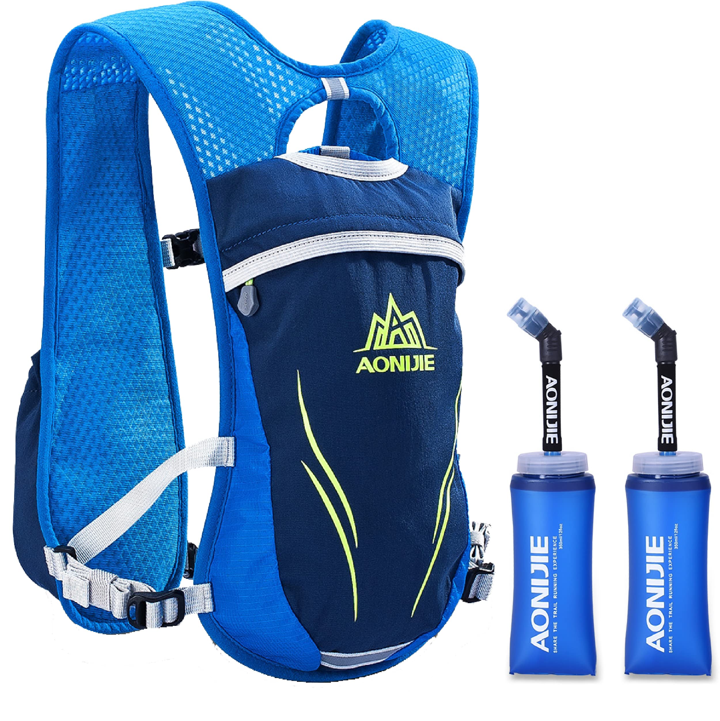 Azarxis Hydration Backpack Pack 5L 5.5L Running Vest For Women And Men Marathon Trail Race Jogging Cycling Hiking (Blue - With 2 Water Bottle (350Ml))