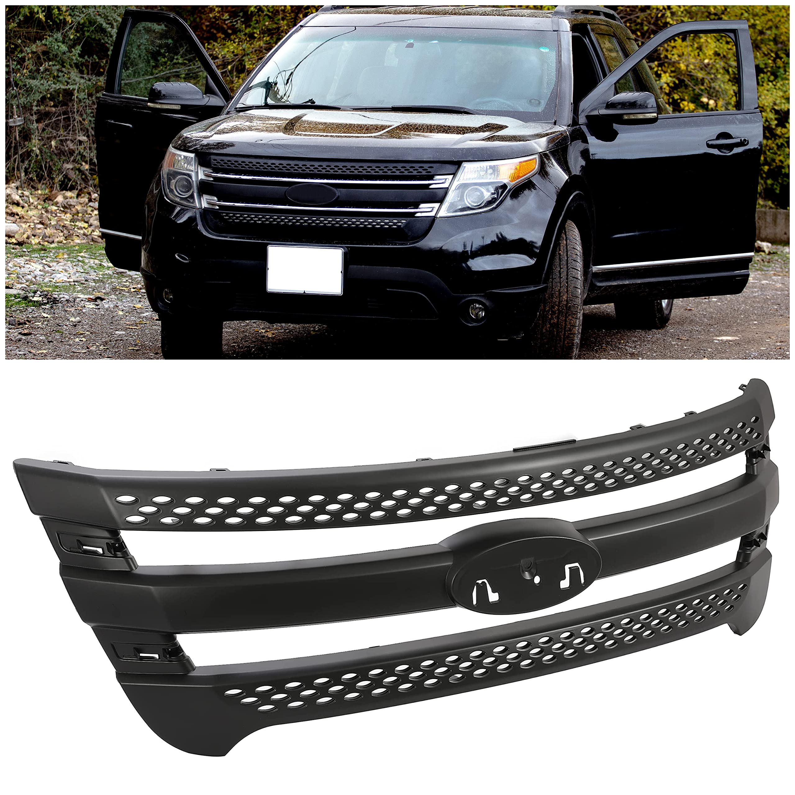 HECASA Front Grille Grill Compatible with 2011-2015 Ford Explorer Grill Overlay Trim Cover Grill Insert Black