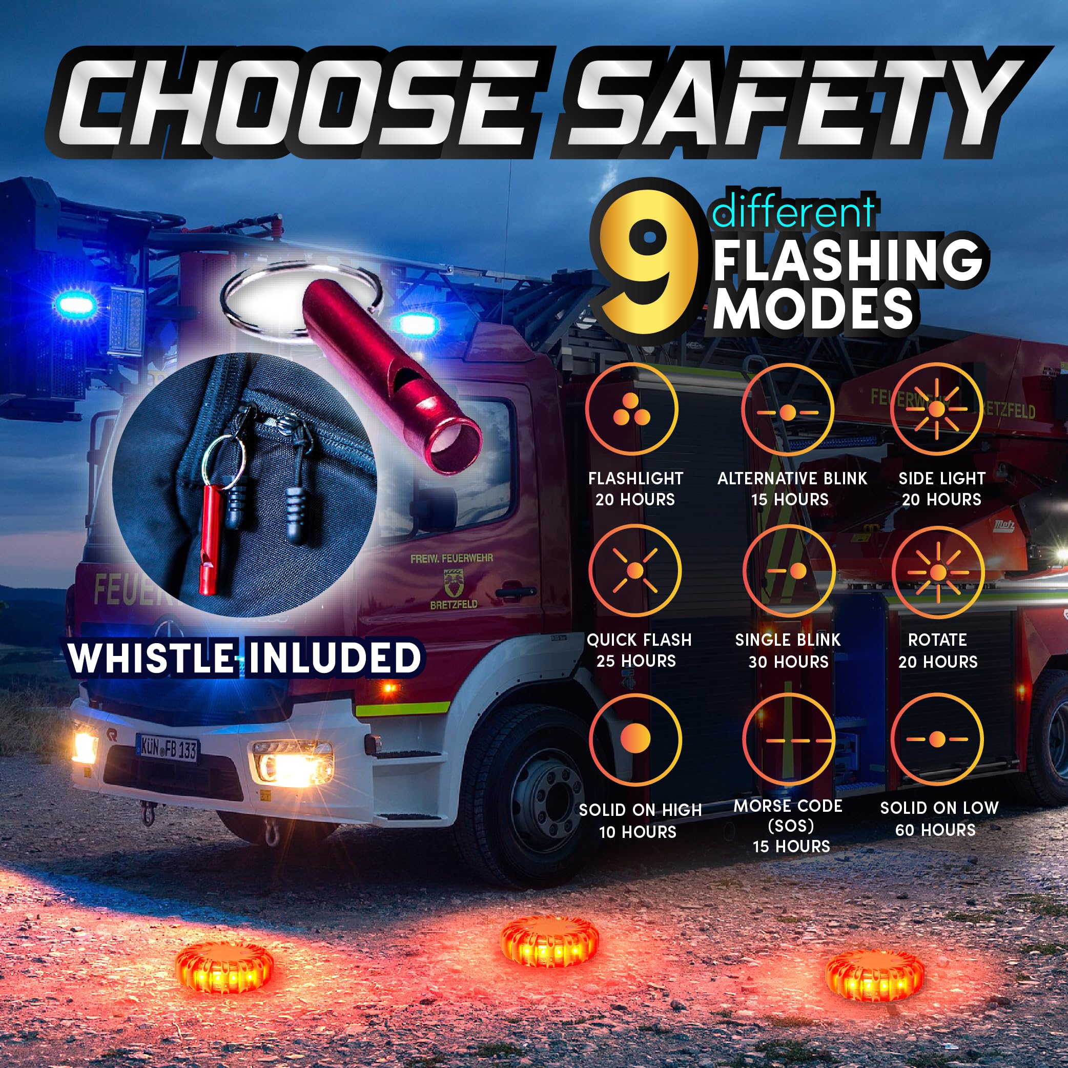 Marcala Led Road Flares Emergency Lights | 3-Pack Roadside Safety Disc Kit W/Whistle | Dot Compliant Emergency Flares For Car W/