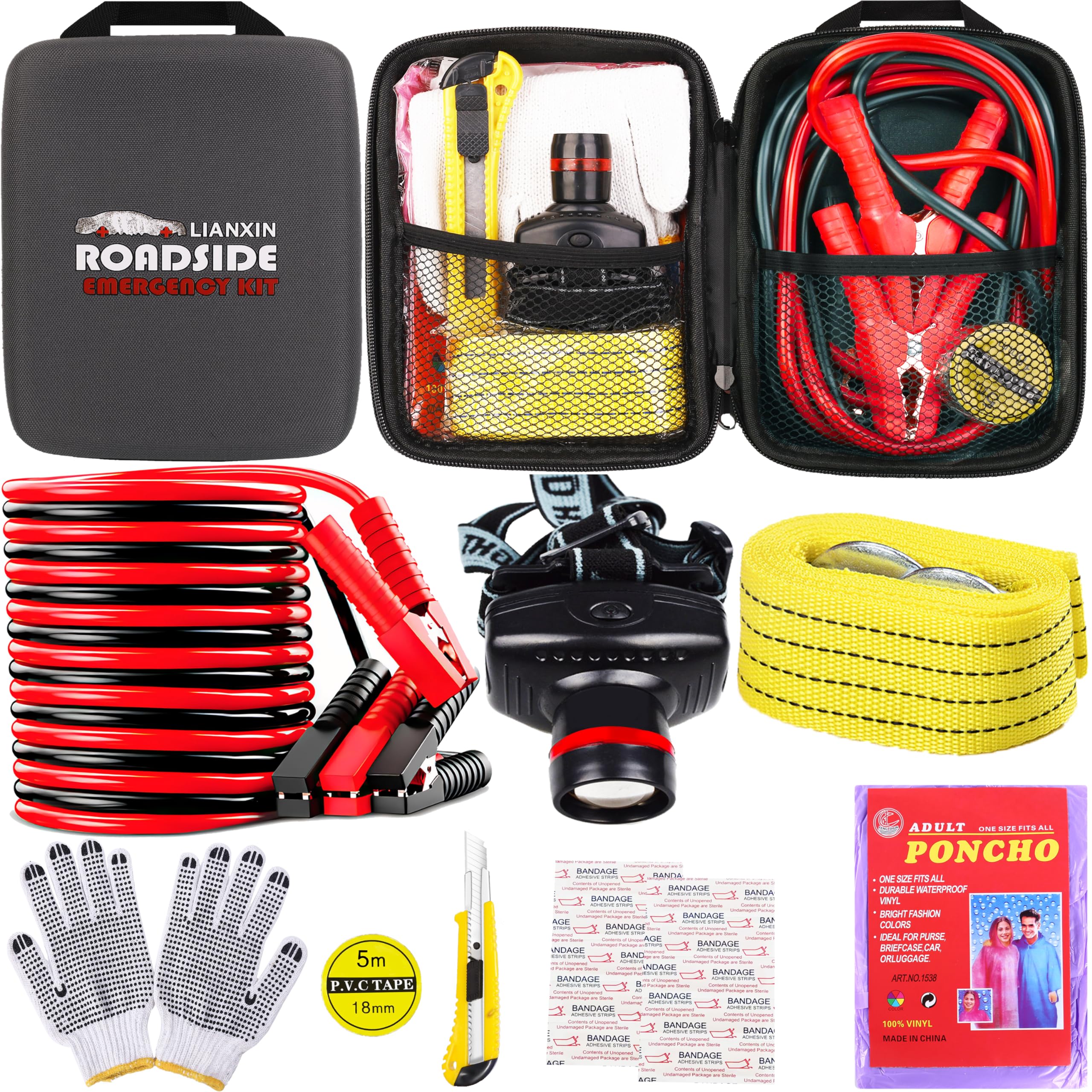 Lianxin Car Roadside Emergency Kit, With Jumper Cables Automotive Kit,Car Safety Roadside Assistance Kit Headlamp,Tow Straps,Art