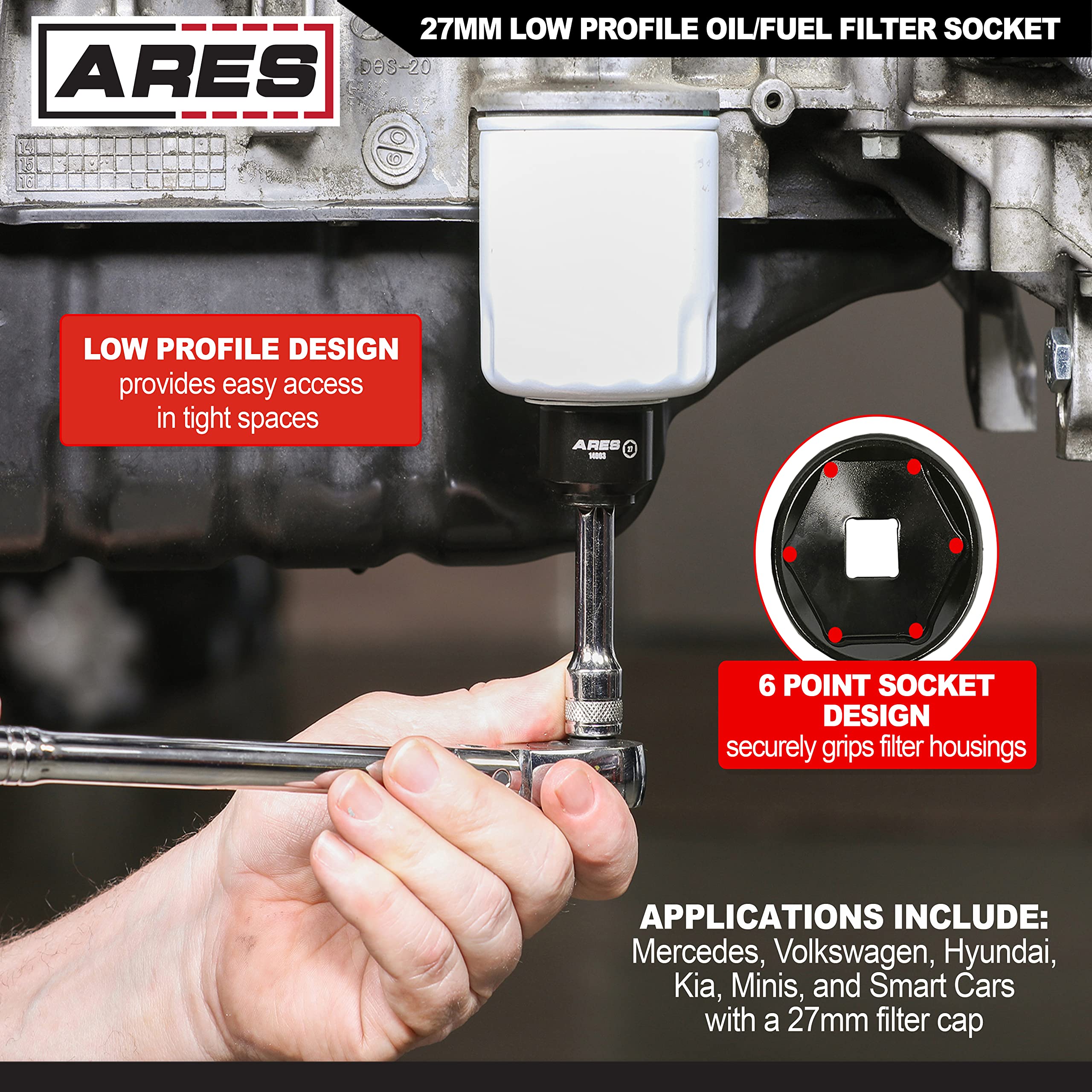 Ares 14003-27Mm Low Profile Fuel Filter Socket - Low Profile Design For Easy Access - Chrome Vanadium Steel With Manganese Phosp