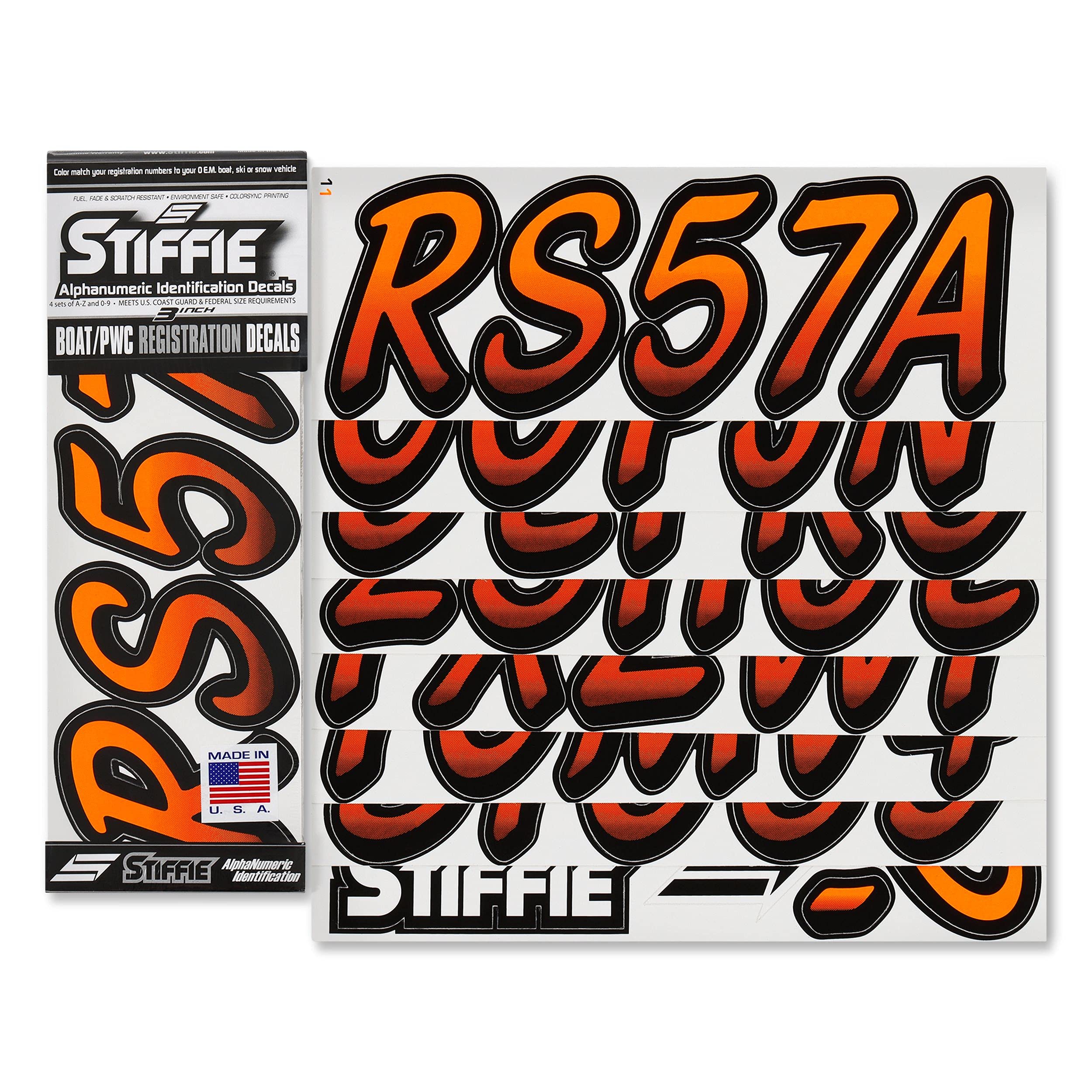 STIFFIE Whipline Electric Orange/Black 3'' Boat & PWC Registration Decals  Numbers Letters Stickers