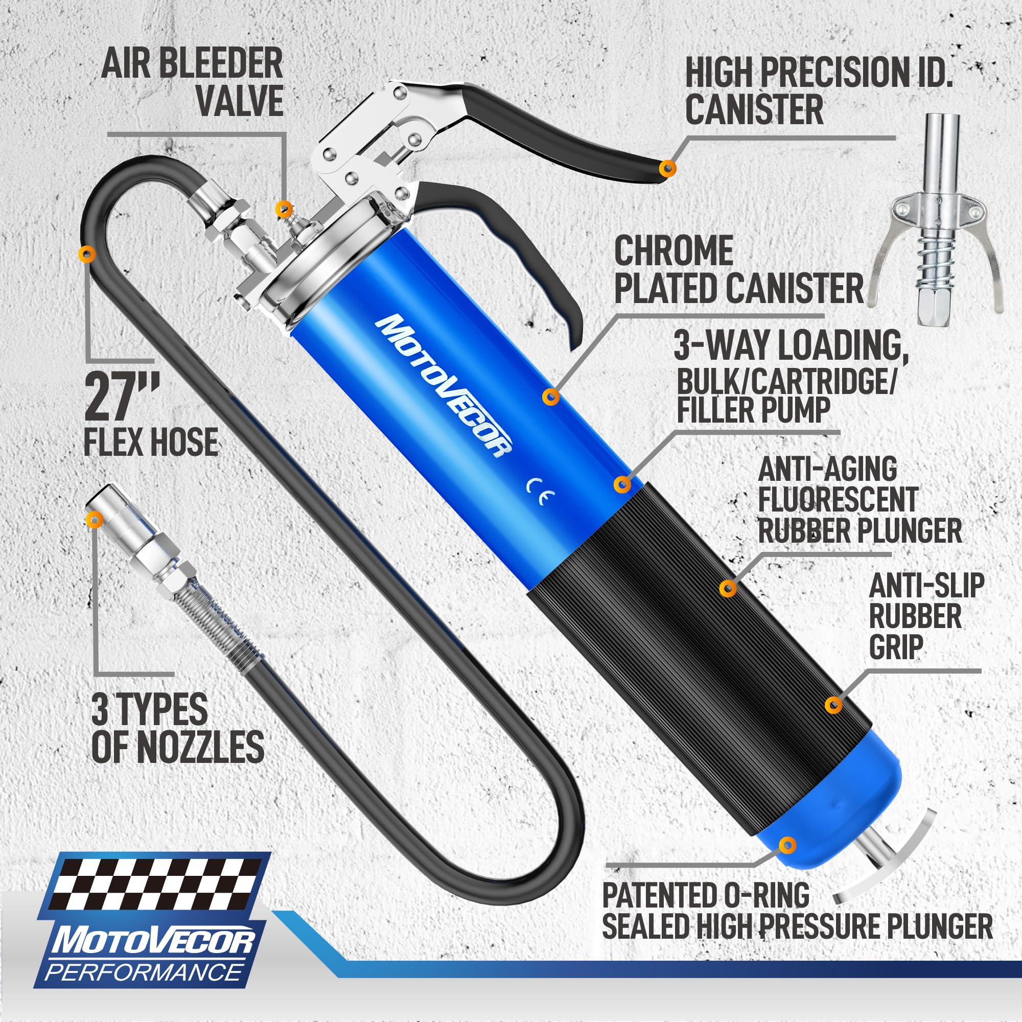Steinbrcke High Performance Heavy Duty Pistol Grip Grease Gun With Nozzle - Extra-Long 27 Inch Heavy Duty Reinforced Flex Hose