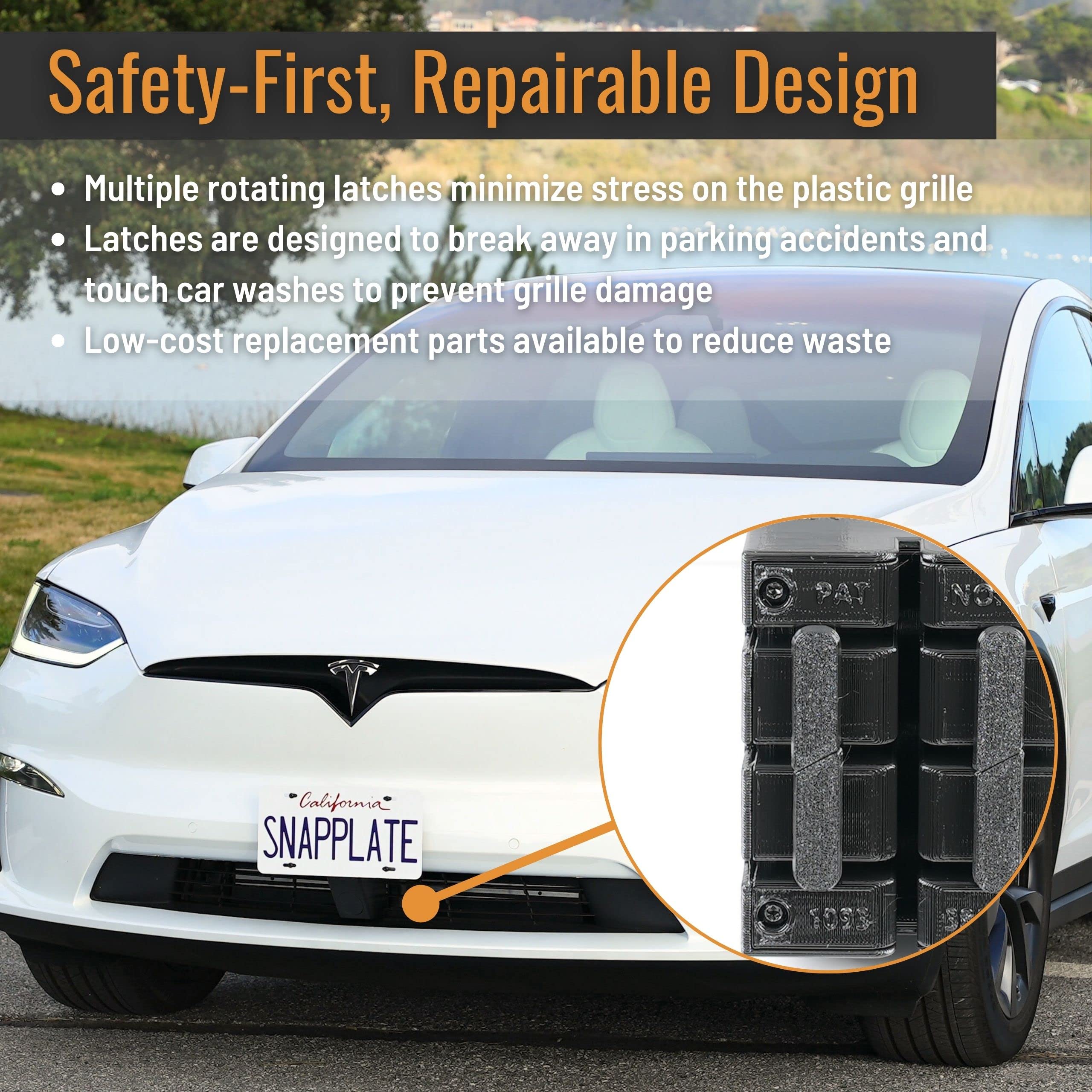 SnapPlate Front License Plate Holder for Tesla Model X (2021-2025) - Safety-Optimized, Breakaway Design, Removable, Height-Adjustable, USA Made