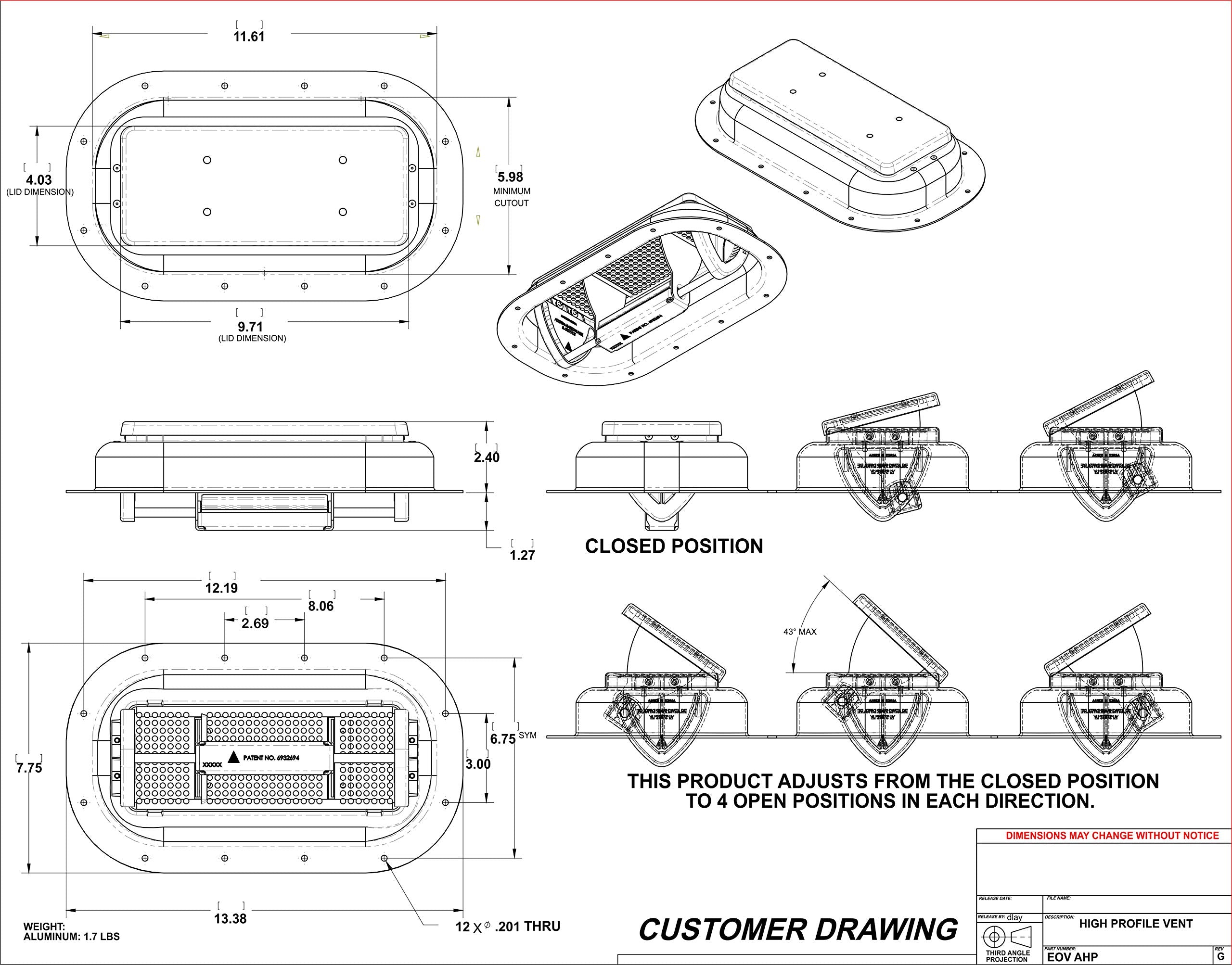 Kay Horse Trailer Air Flow Roof Vent - Aluminum, Watertight, 13.375" L x 7.75" W x 2.40" H, High Profile, Silver, Model