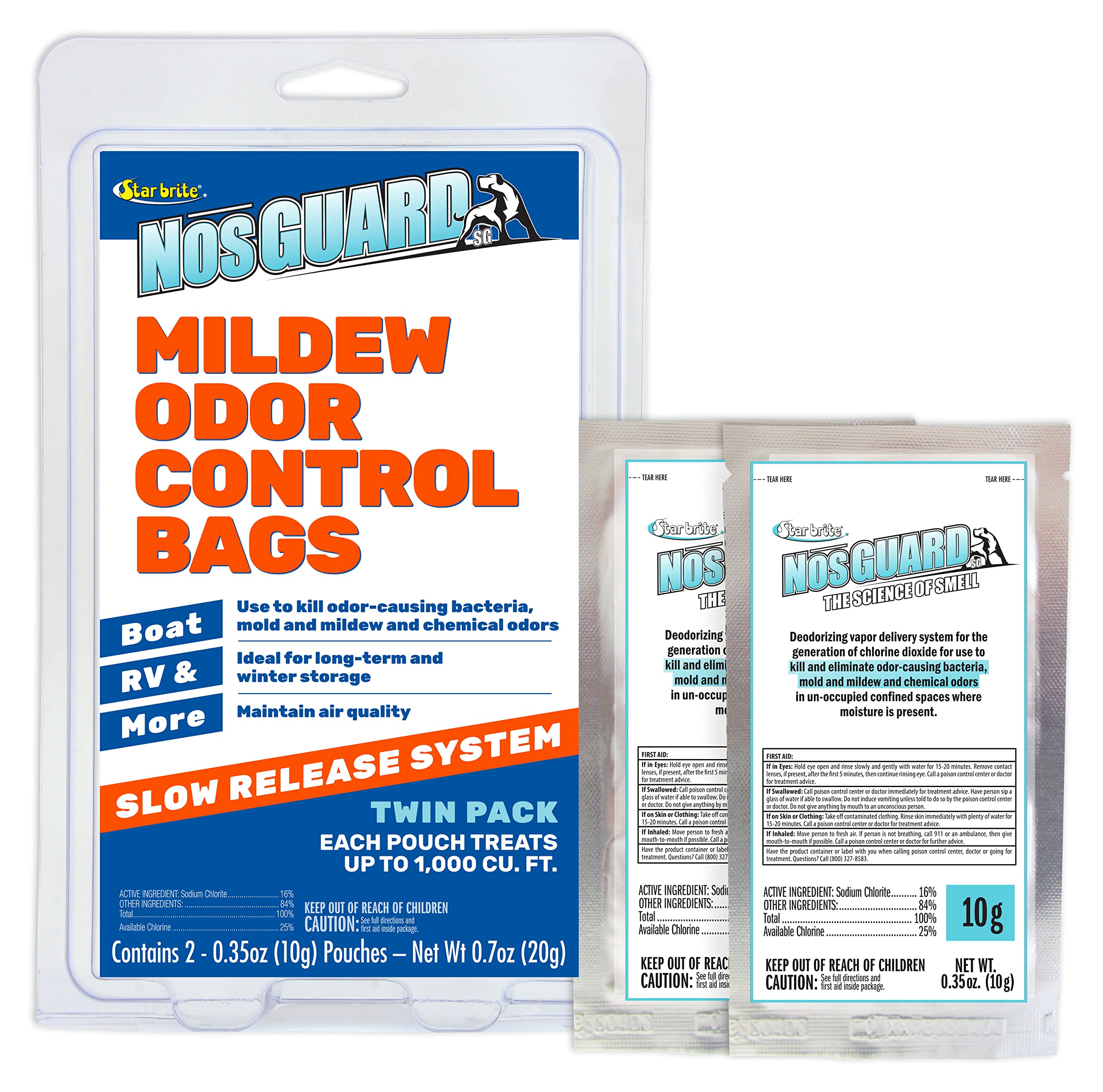 STAR BRITE NosGUARD SG Mildew Odor Control Bags (Twin Pack) Slow-Release System, Kill Odor Causing Bacteria, Mold & Mildew - Ide