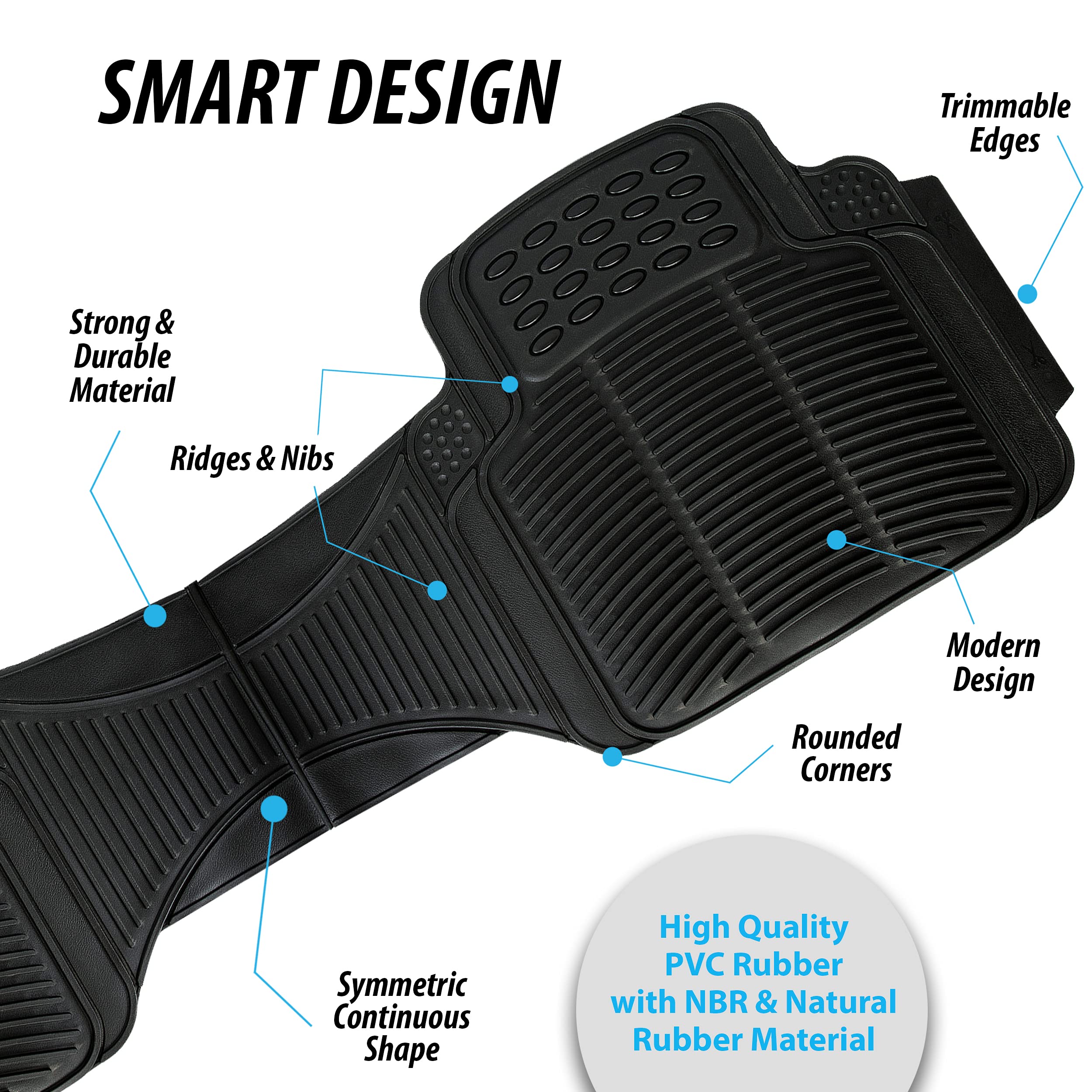 Zonetech All Weather Rubber Car Interior Floor Mats 3-Piece Trimmable Waterproof Odorless Black Heavy Duty Universal Fit