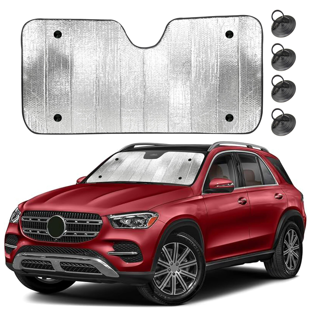 EcoNour Accordion Car Windshield Sun Shade |Double Foldable Sun Visor with 4 Suction Cups |Reflective Automotive Windshield Shad
