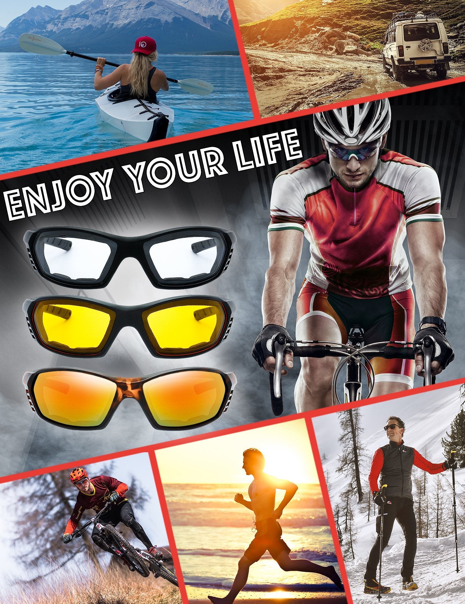 3 Pairs Motorcycle Riding Glasses Padded Frame Lens Block 100% Uvb For Outdoor Activity Sport (8-Matte Black/Tortoise, Clear, Ye